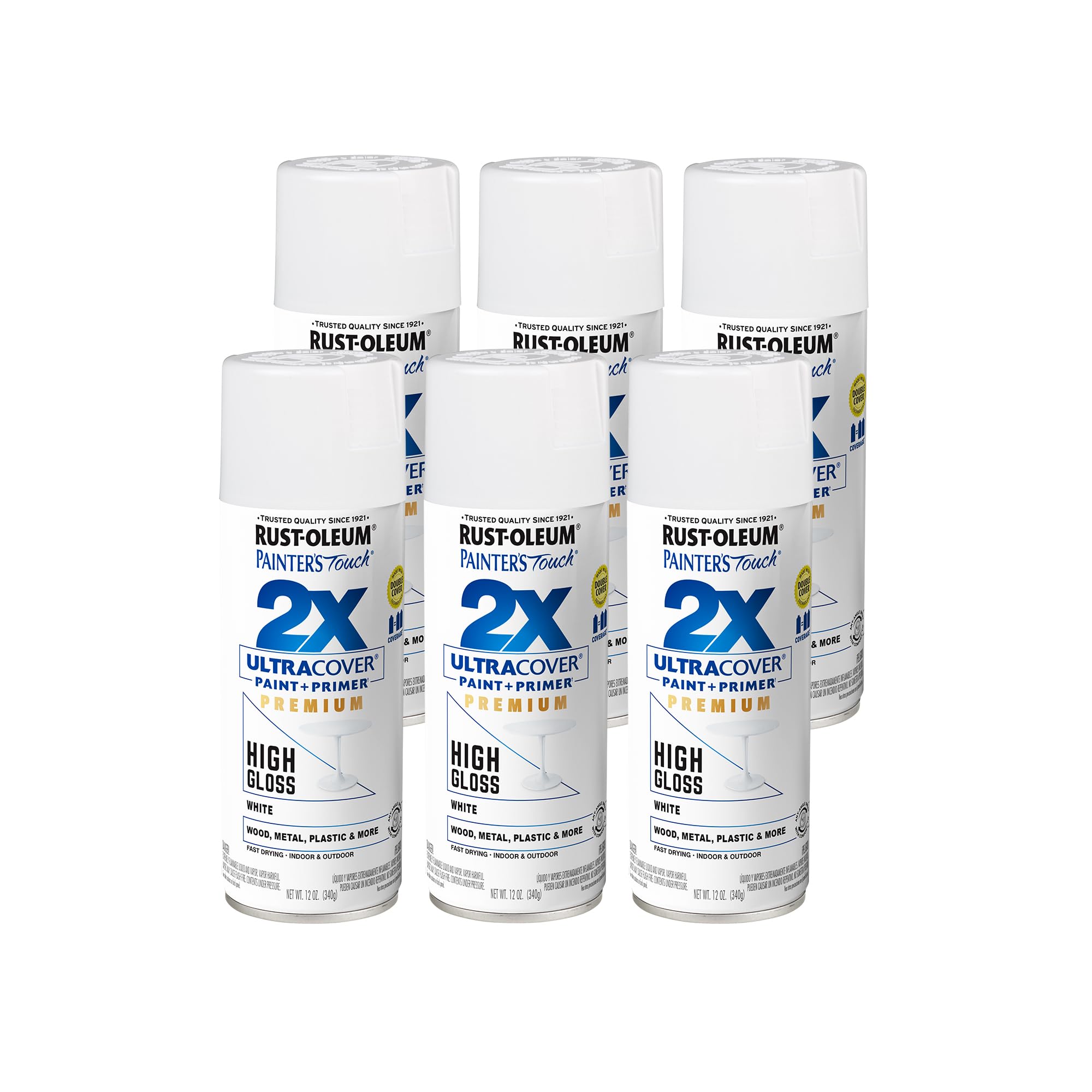 Rust-Oleum 331171-6PK Painter's Touch 2X Ultra Cover Spray Paint, 12 oz, High Gloss White, 6 Pack