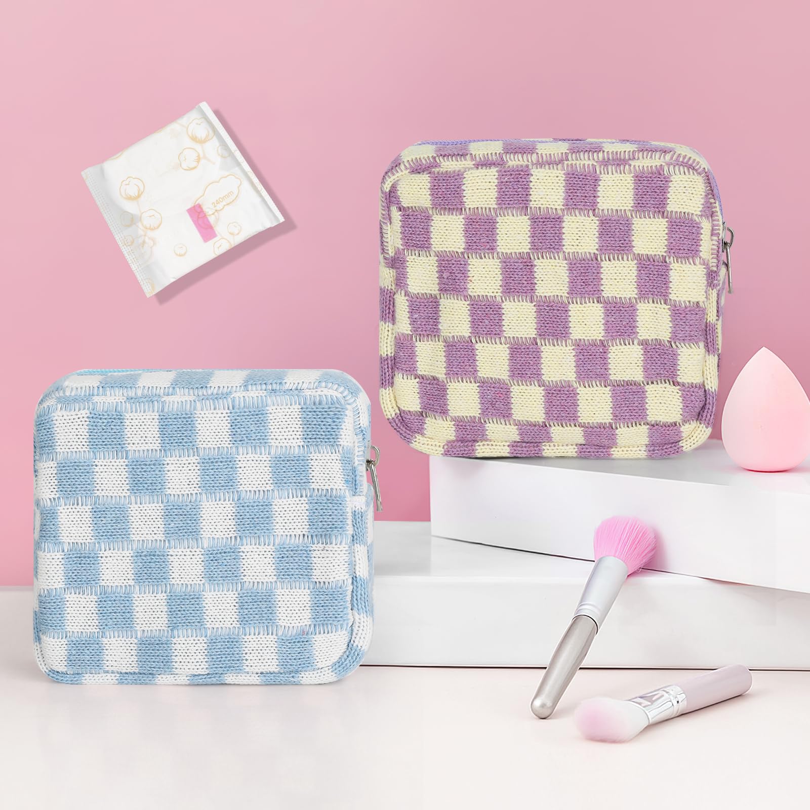Sanitary Napkin Storage Bag, Menstrual Pad Zipper Bag Checkered Portable Period Bag Panty Liners, Tampon Storage Pouch for Women Ladies Daily Use Storage Purse Travel