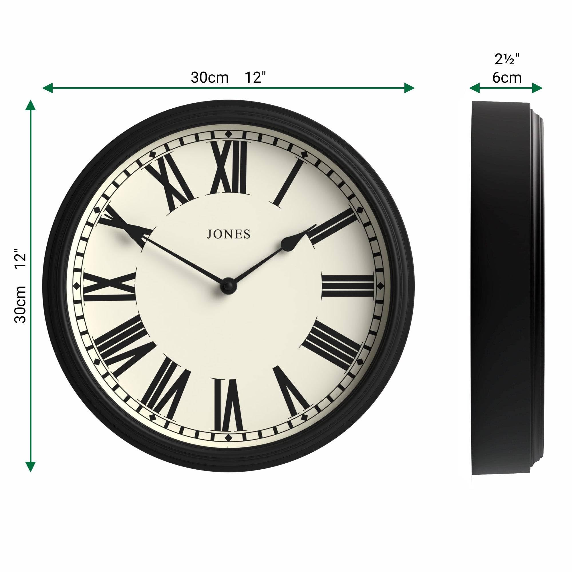 JONES CLOCKS® Hackney Wanduhr | Klassische römische Uhr | 30cm | Schwarz | Traditionelle runduhr, perfekt geeignet für küchen, flure oder wohnräume mit Charakter.