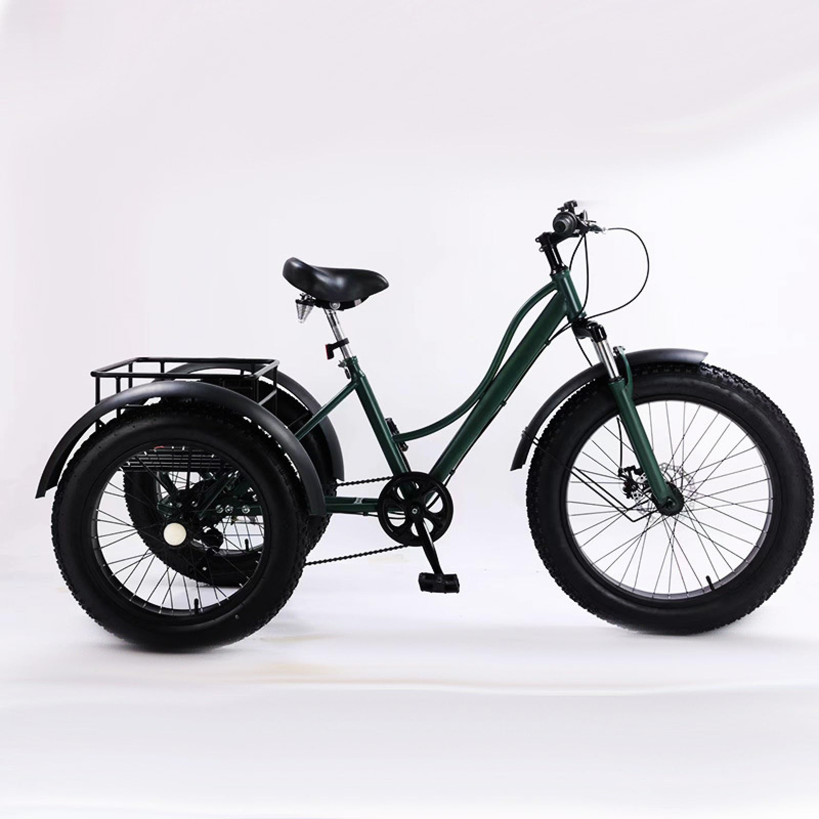 24-Zoll-Dreirad Für Erwachsene, Cruiser-Trike Mit 7 Gängen, All-Terrain-Dreirad Mit Dicken Reifen Und Großem Korb Für Senioren, Dreiräder Für Erwachsene, Zum Einkaufen Und Picknicken,Green