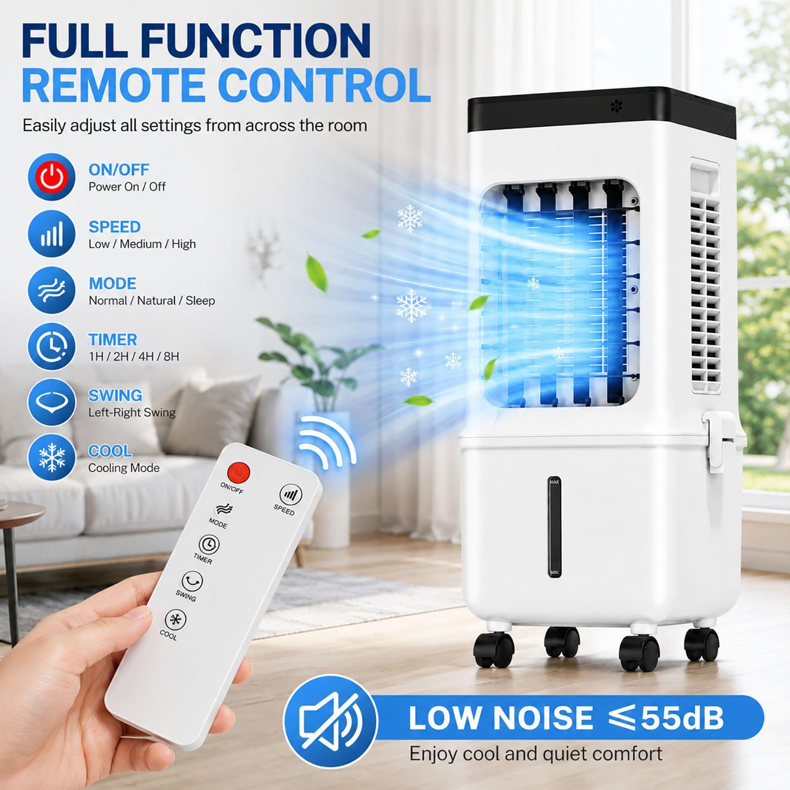Rinfrescatore d'Aria Portatile per Casa, Raffrescatore Evaporativo 4-in-1 con Serbatoio dell'Acqua da 4L & 4 Setti Ghiaccio,Telecomando per Camera da Letto Ufficio