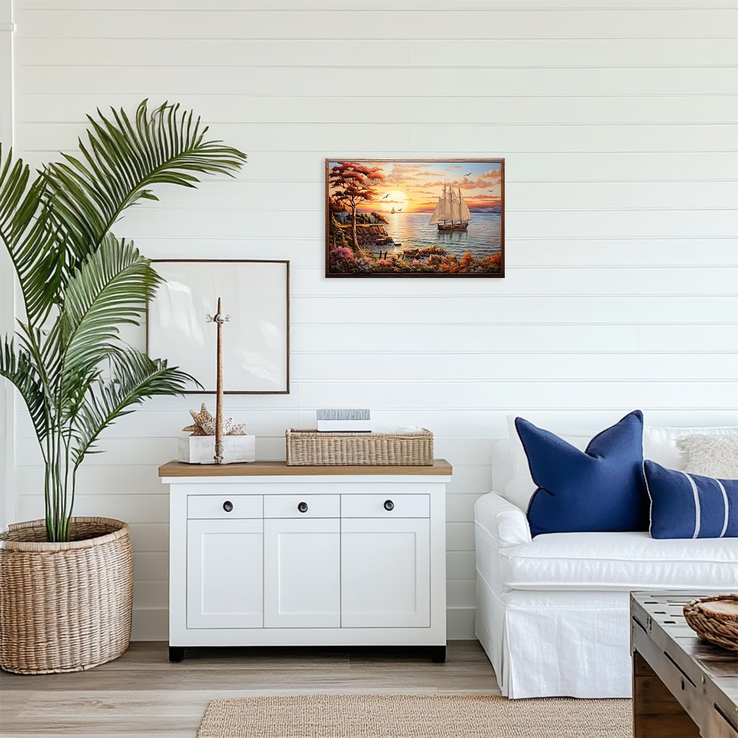 MODOJOART Vintage Scenery Canvas Wall Art, Sunset Sea Boat Mountain Painting Print Rustic Natural Scenery Artwork Poster for Living Room Bedroom Decor(Artwork-01, 18"x12")