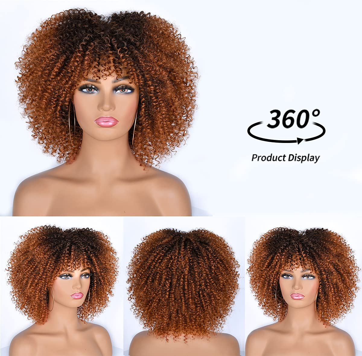 CoCrowns 10Inch Short Curly Afro Wigs with Bangs Bomb Afro Kinky Curly Wig for Black Women Synthetic Fiber Full Wig (Ombre Brown) - Image 3