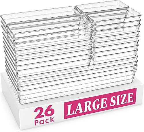 Criusia Paquete de 26 cubos organizadores de cajones grandes, organizadores completos de plástico transparente de 5 tamaños para utensilios de