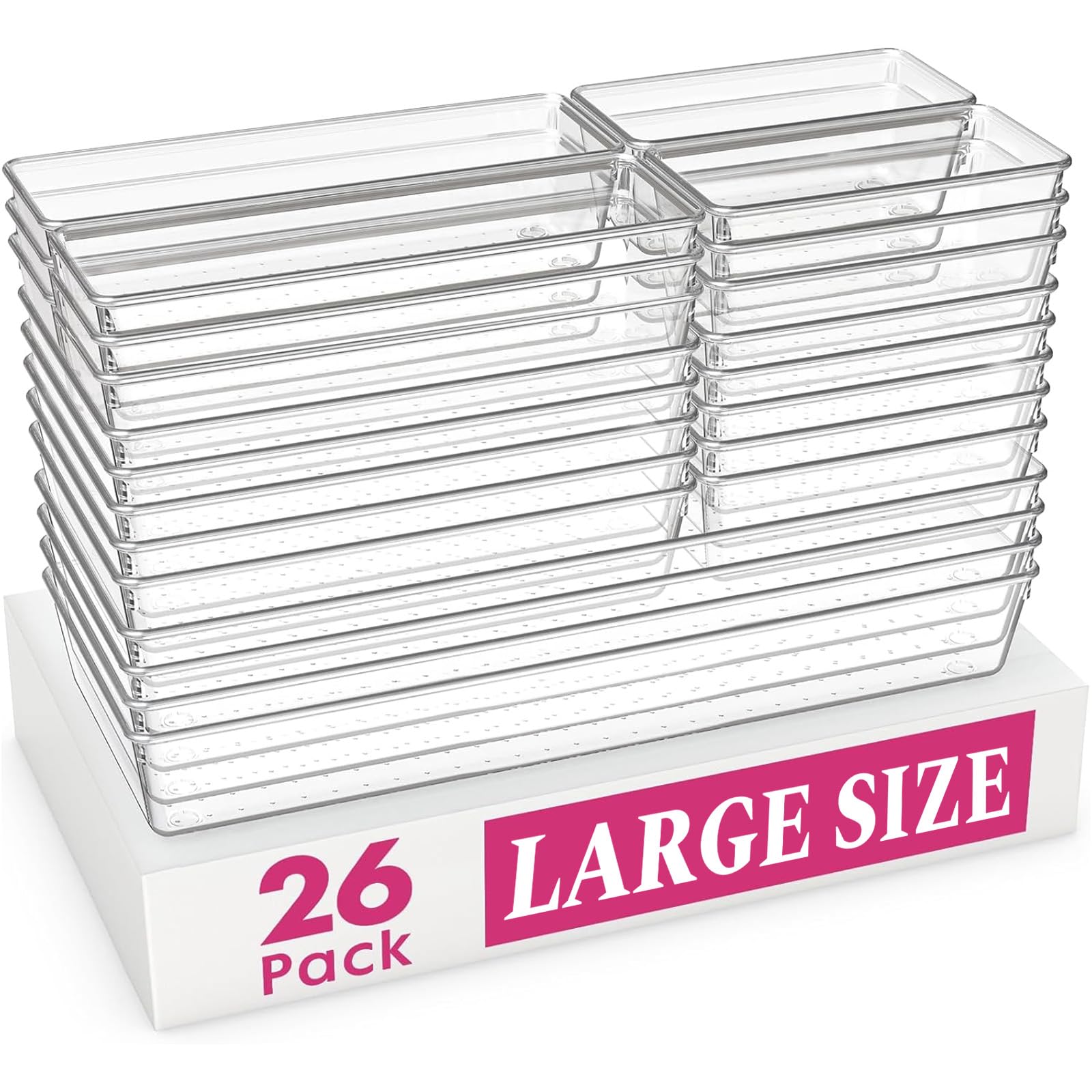 Criusia Large Drawer Organizer Bins 26 Pack | Complete 5 Size Clear Plastic Kitchen Drawer Organizers for Utensils | Bathroom Drawer Organizer Trays | Versatile for Makeup Office Organization