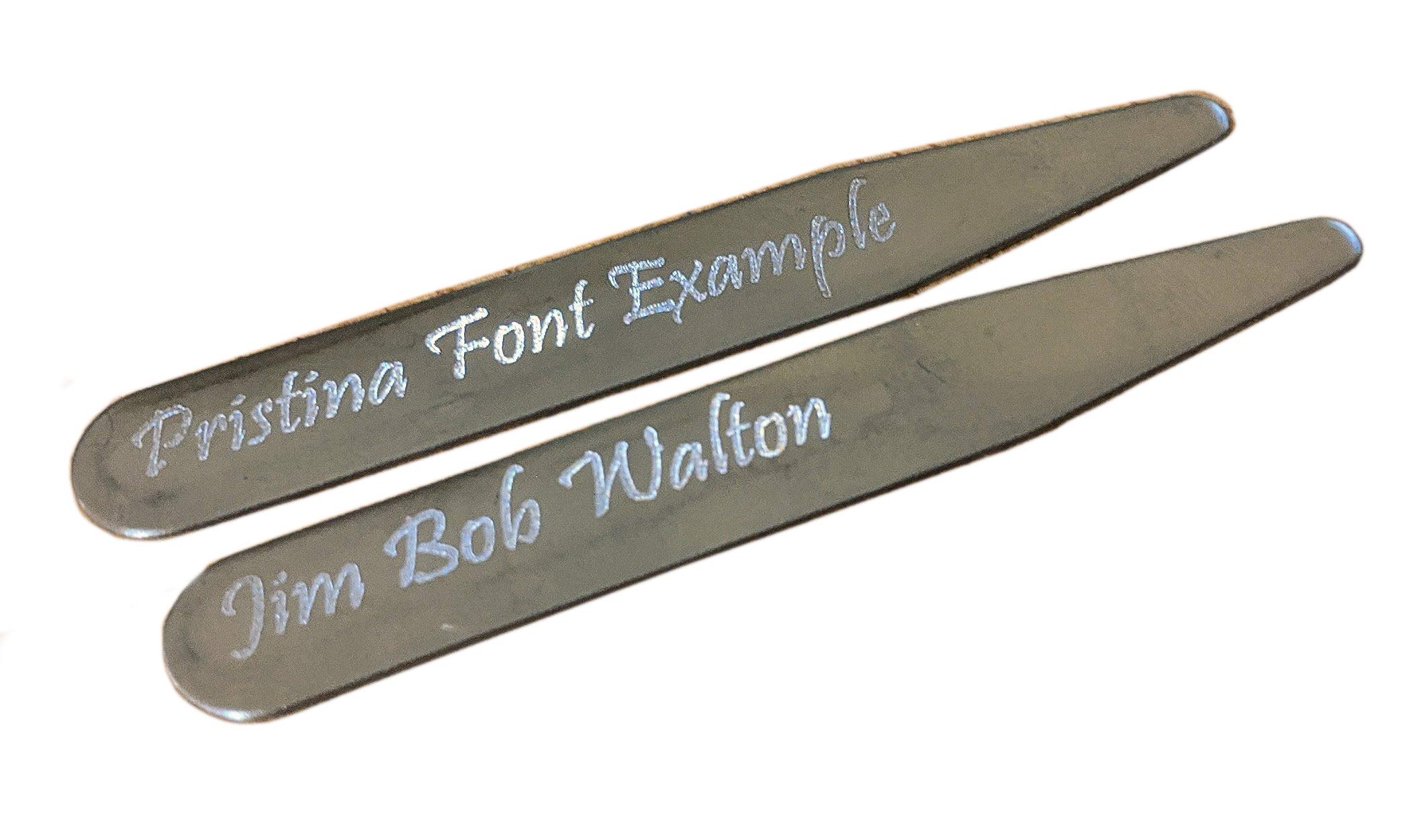 Stainless Steel Collar Stays/Stiffeners To Personalise with felt wallet in Pristina Font