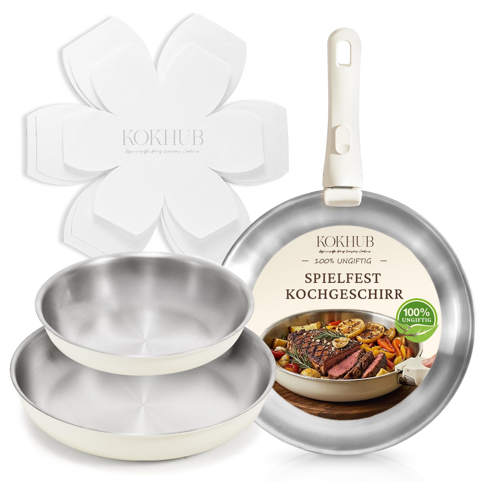 KOKHUB Pfannenset mit abnehmbarem Griff 7-Teilig, Edelstahl Pfanne | 20/26/30 cm, 3-Schicht-Material Bratpfannen Induktion unbeschichtet, Platzsparend, PFOA- & PFAS-frei, Backofenfest, Beige