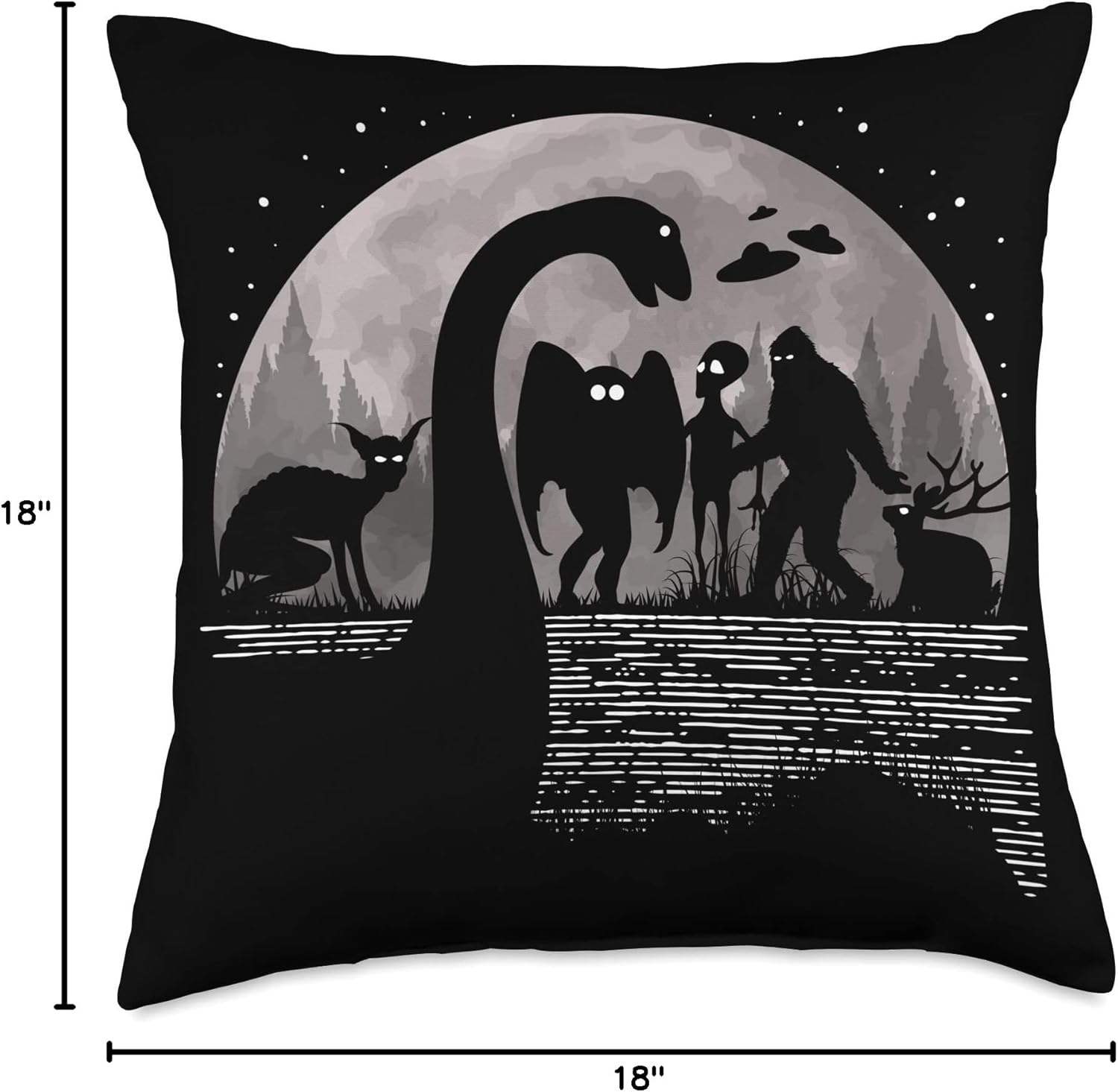 Bigfoot Loch Ness Monster and Mothman UFOs Chupacabra Alien Throw Pillow