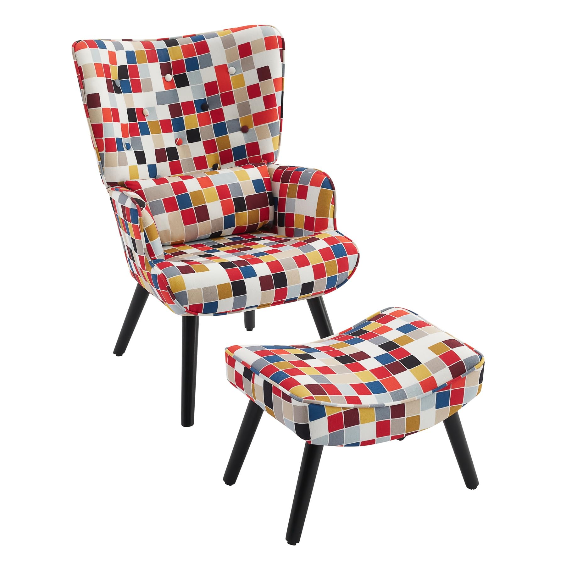 Fauteuil Patchwork Scandinave avec Repose-Pieds Support Lombaire | Fauteuil de Lecture Confortable avec Bois Massif, Tissu Lin et Design Ergonomique, pour Salon, Chambre ou Balcon