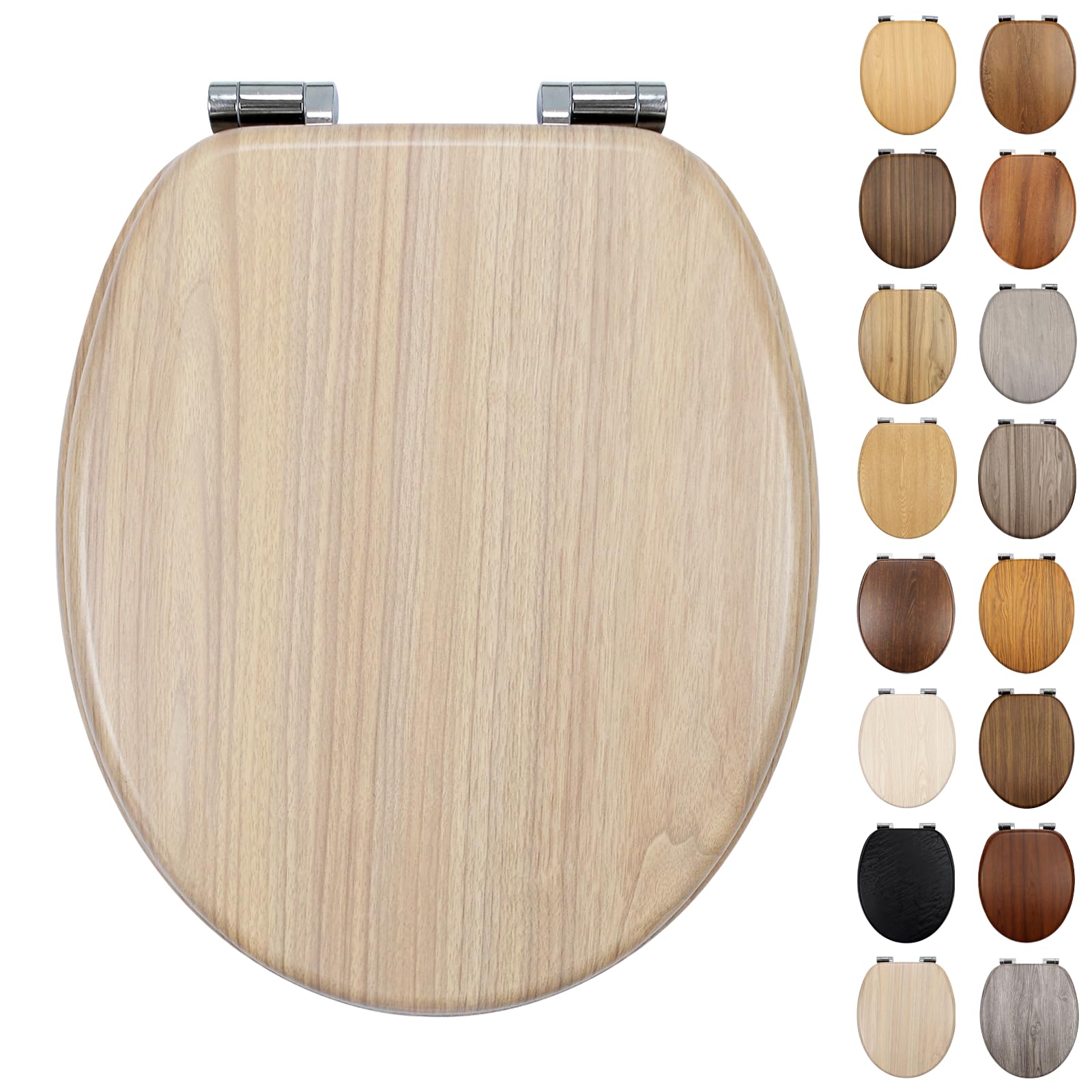 Fanmitrk Traditional Wooden Toilet Seat Soft Close, MDF Adjustable Hinges with Bottom Fixture,Easy to Clean and Install for Bathroom (BLJS1509-01)
