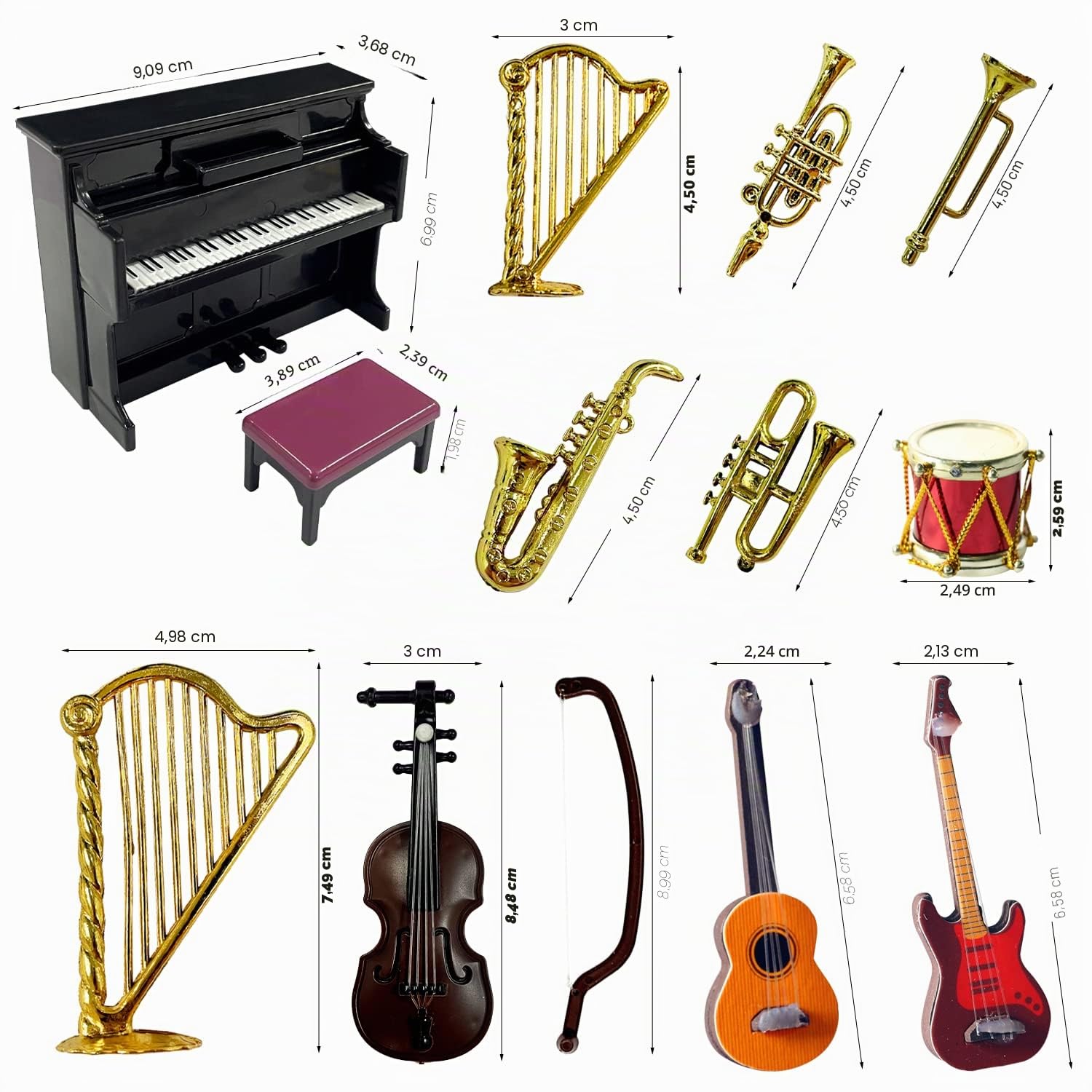 13 modelli di strumenti musicali in miniatura, mini set carini e interessanti, strumento in plastica come chitarre, pianoforte, batteria, ecc.