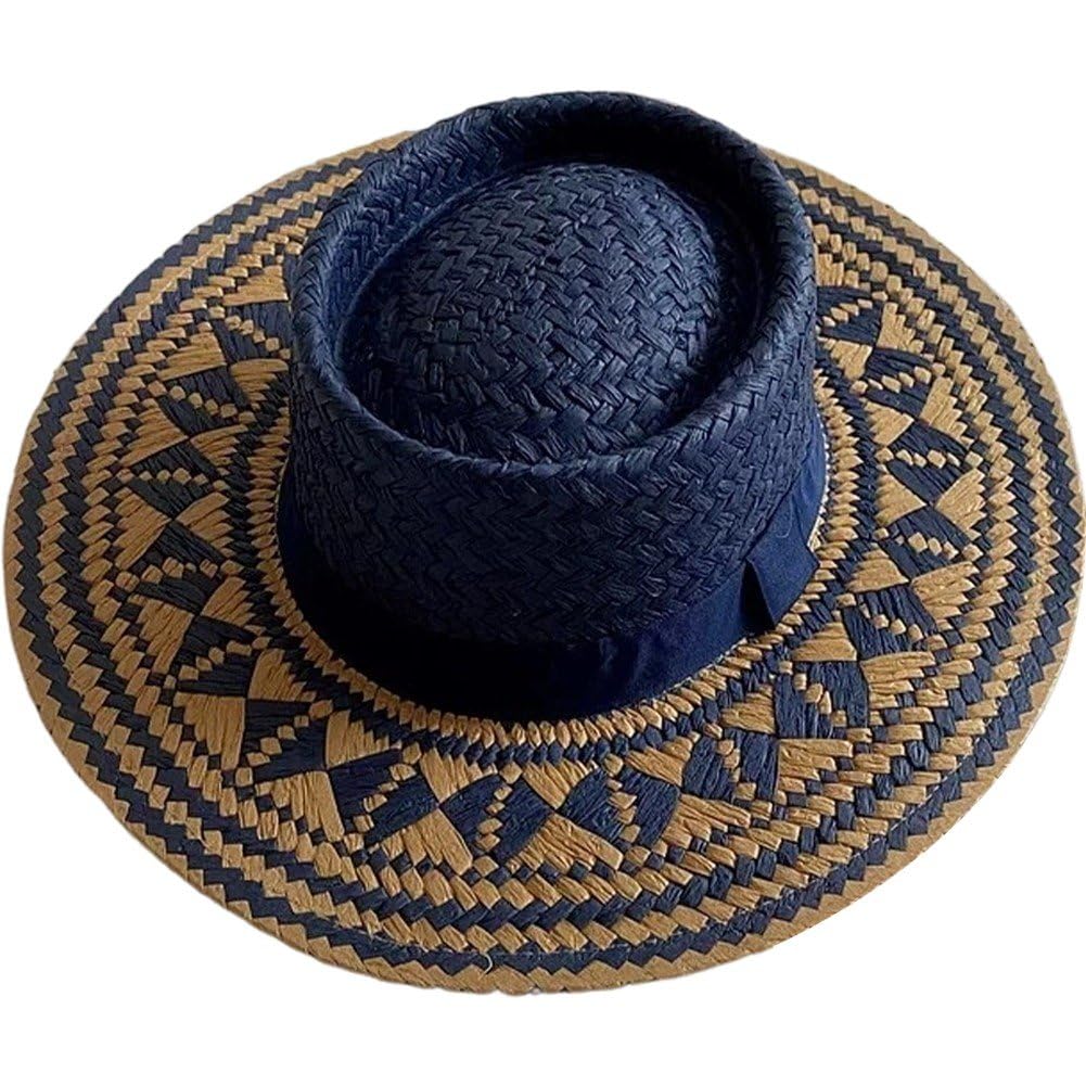 Sslvya Straw Sun Hat for Women Ethnic Style Wide Brim Flat Top Hat Classic Panama Fedora Summer Beach Hat