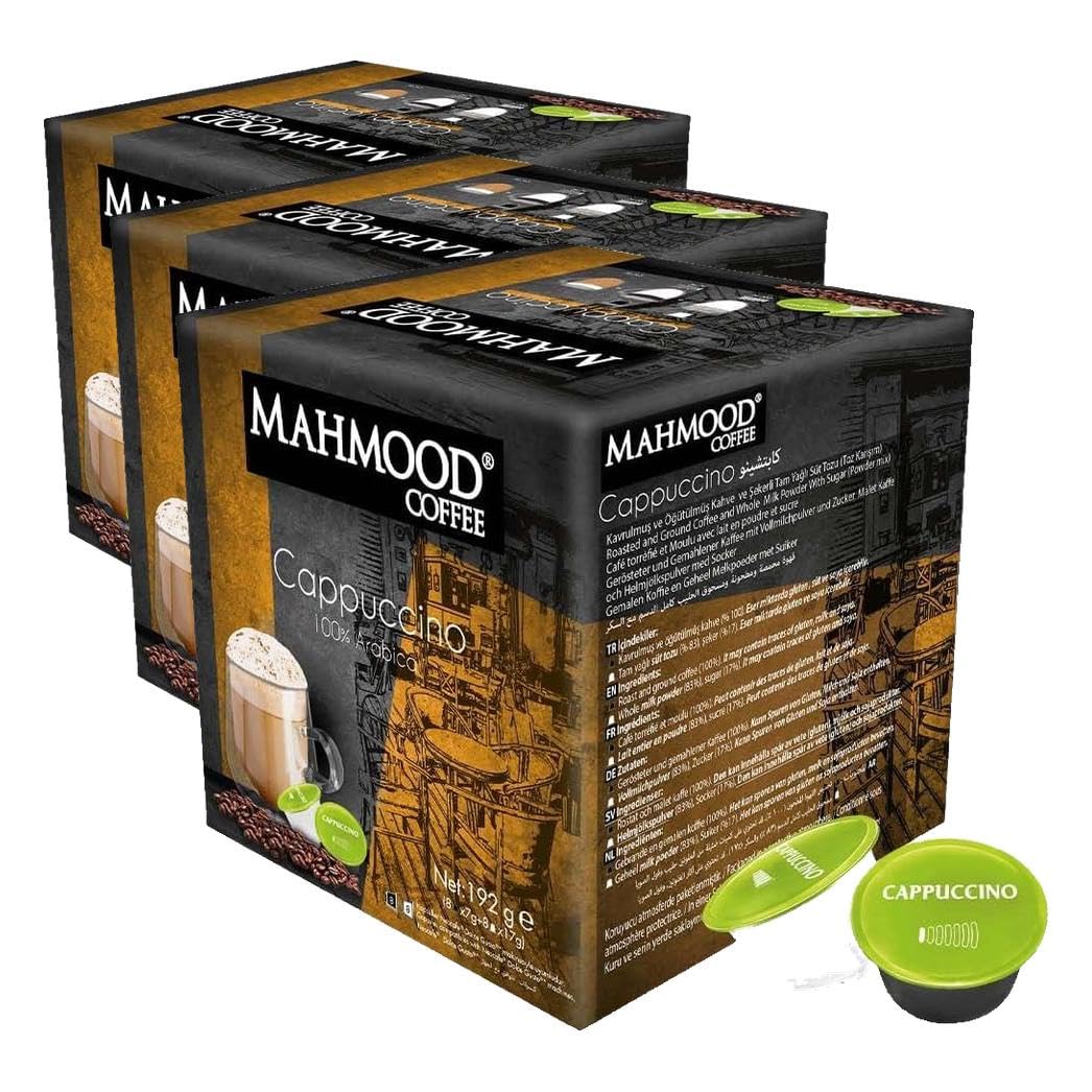 Mahmood Coffee Cappuccino Kapsül Kahve, Dolce Gusto Uyumlu, (8 adet süt kapsül & 8 adet kahve kapsül) (3 paketi)