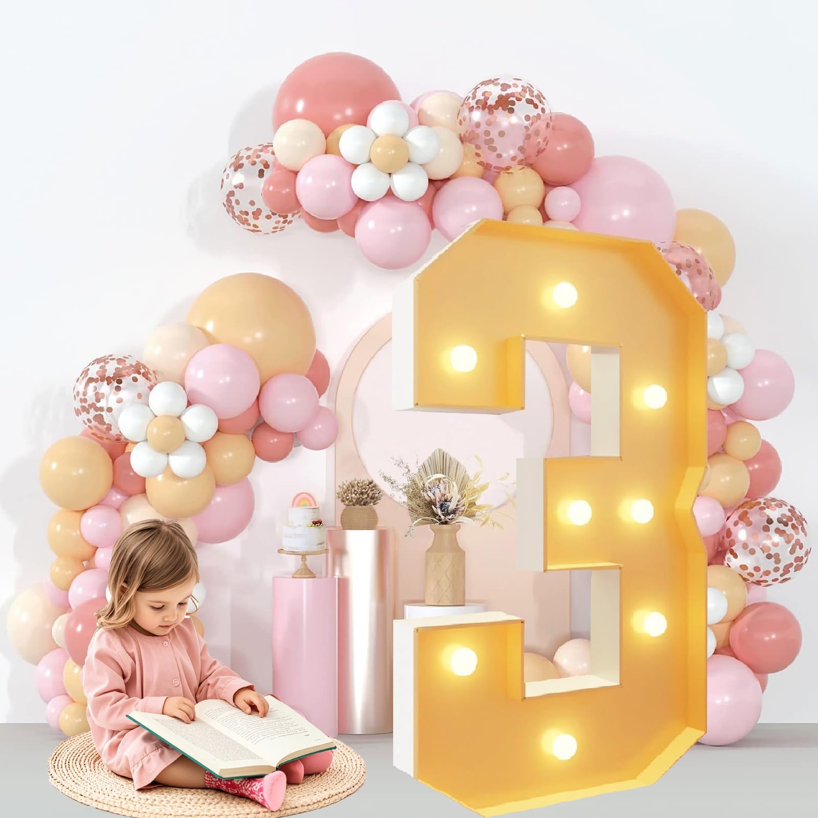 Números Gigantes iluminados de 1 m con Marco de Mosaico: Letras LED Brillantes for Eventos en Interiores y Exteriores, Festivales y graduaciones. Incluye Bombillas.(Number 3,4ft)
