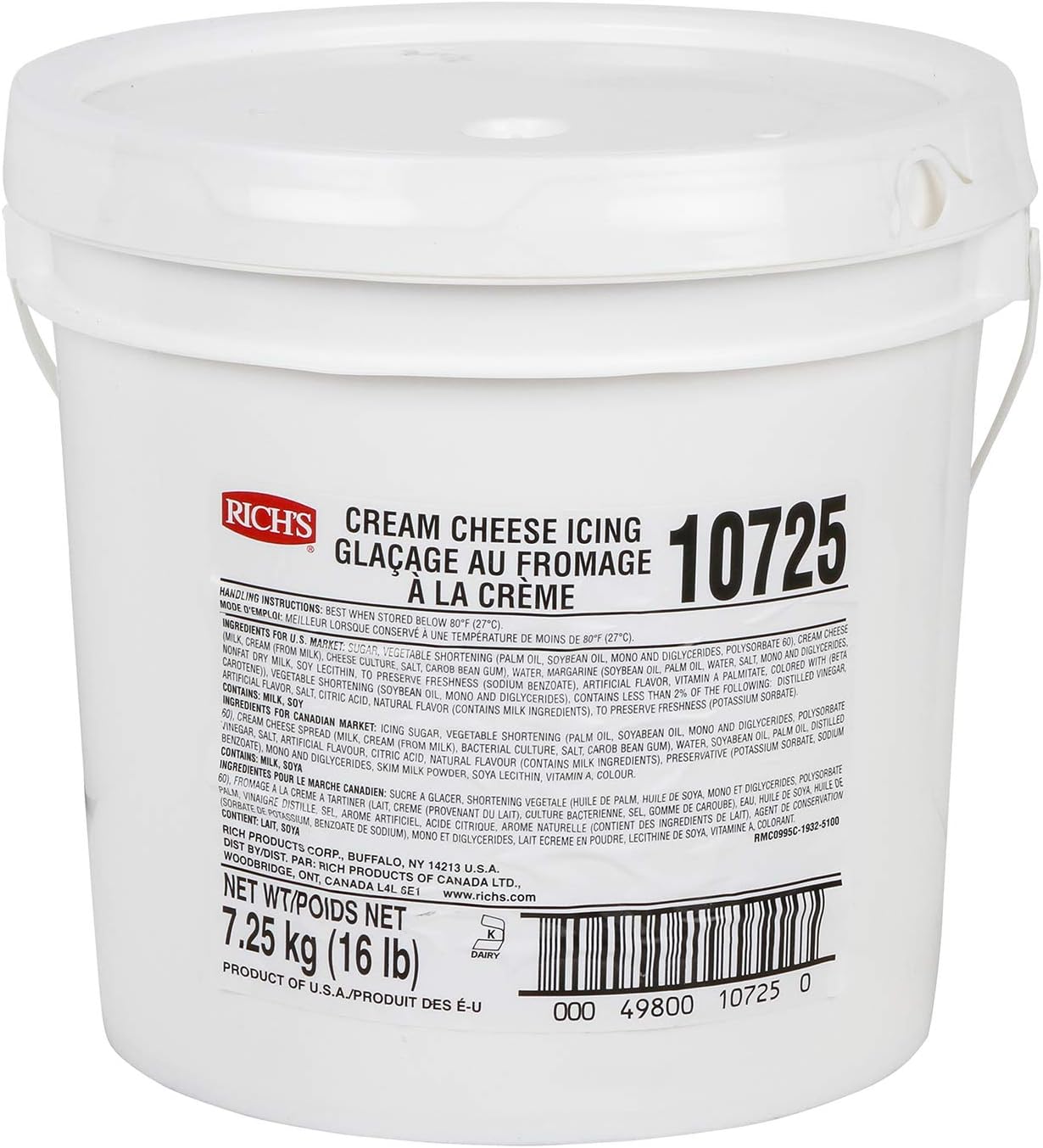 Rich's Buttercream Style Icing Pail, Cream Cheese, 16 lb pail