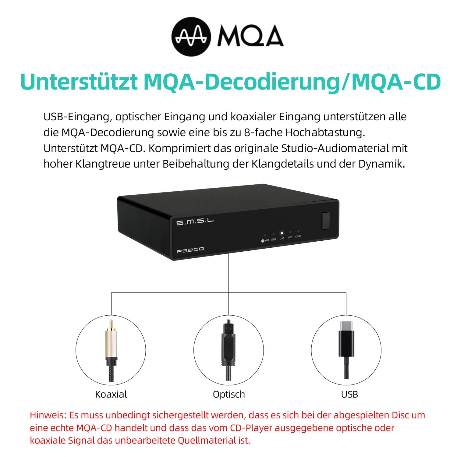 SMSL PS200PRO ES9039Q2M HiFi-DAC, DSD512 PCM 32Bit/768kHz Digital-Analog-Audiokonverter, USB/Optisch/Koaxial auf Stereo-Cinch-Ausgang, MQA/MQA-CD-Audio-DAC für PC/PS5/Verstärker