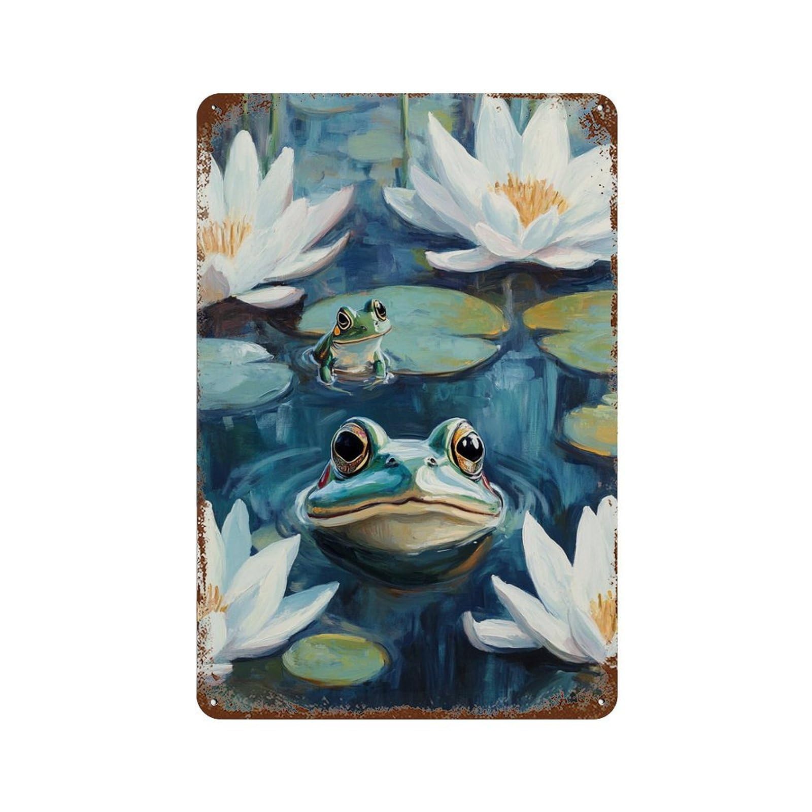 Frog Lily Pond Painting 11.8"x7.9" Retro Metal Sign, Old School Wall Decor for Office, Studio And Wall Decor