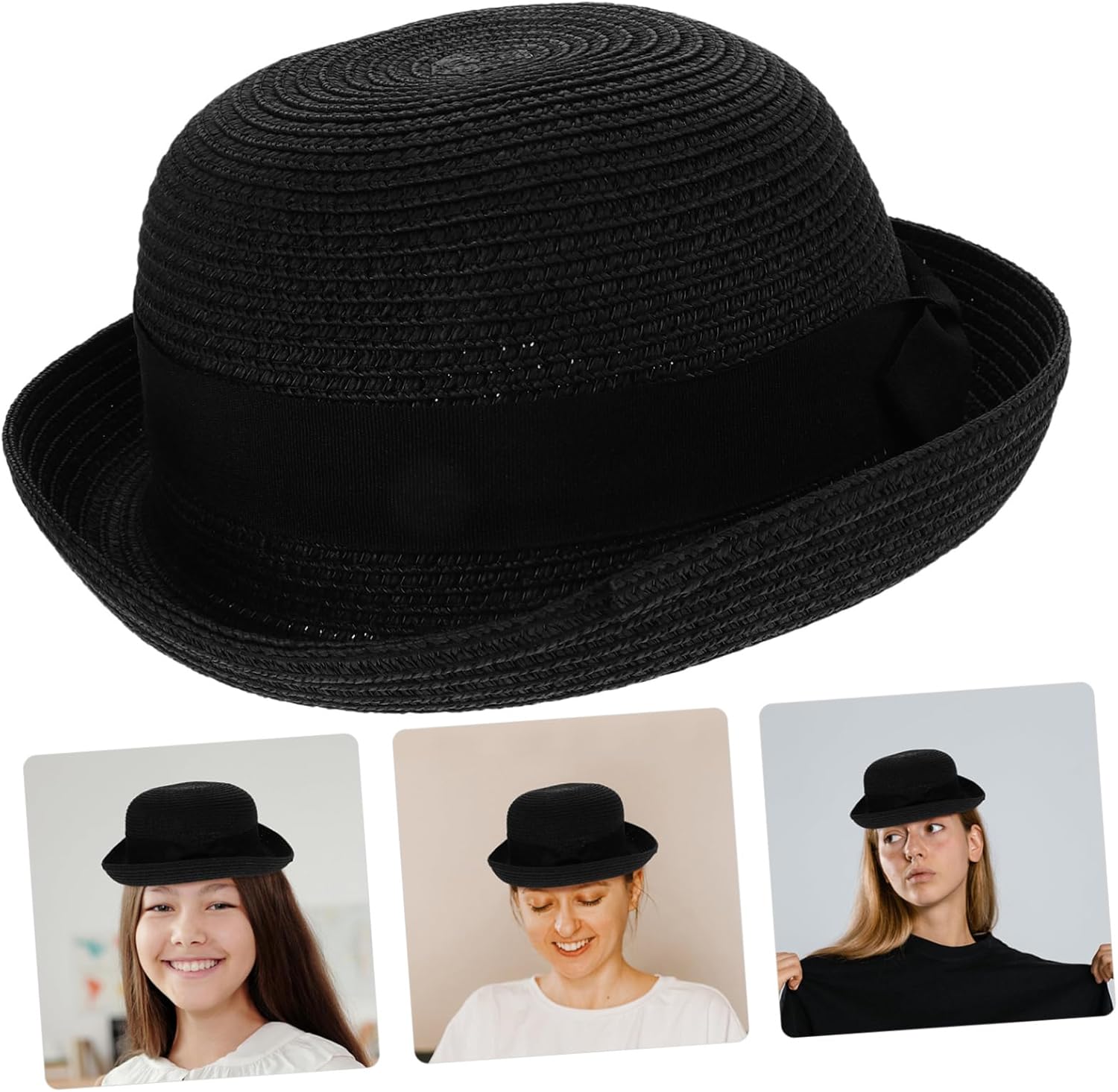 Toyvian Women Sun Hat Dome Straw Sun Hat with Bowknot Roll-up Wide Brim Foldable Beach for Summer Travel Free Size Fits 22-23 Inch Head Black - Image 6