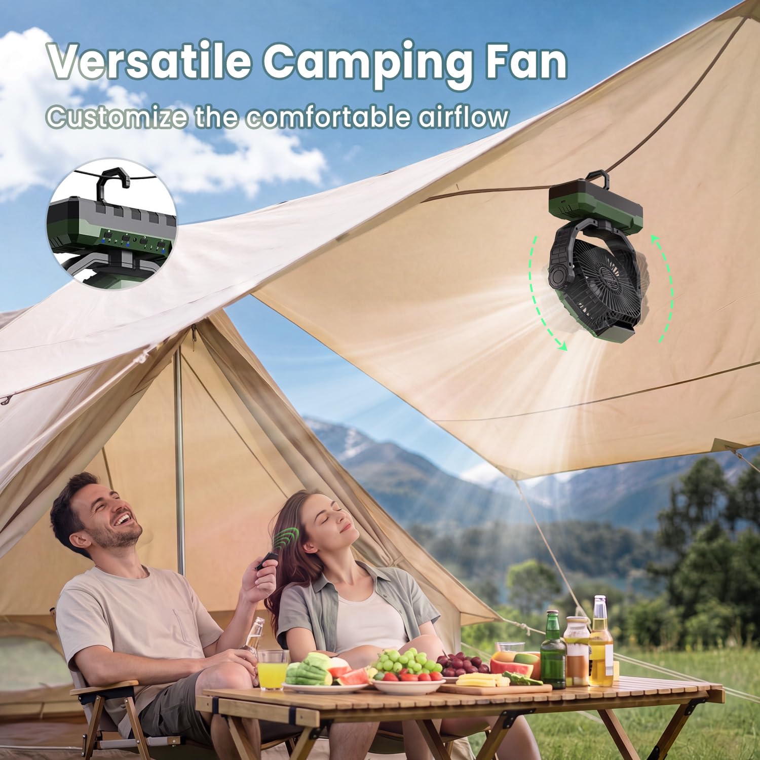 FRIZCOL Ventilatore da campeggio 3 in 1, portatile, ricaricabile, 24000 mAh, alimentato a batteria, con luce e telecomando, per interni, esterni, tenda, viaggi, pesca, cantiere, regali per uomini