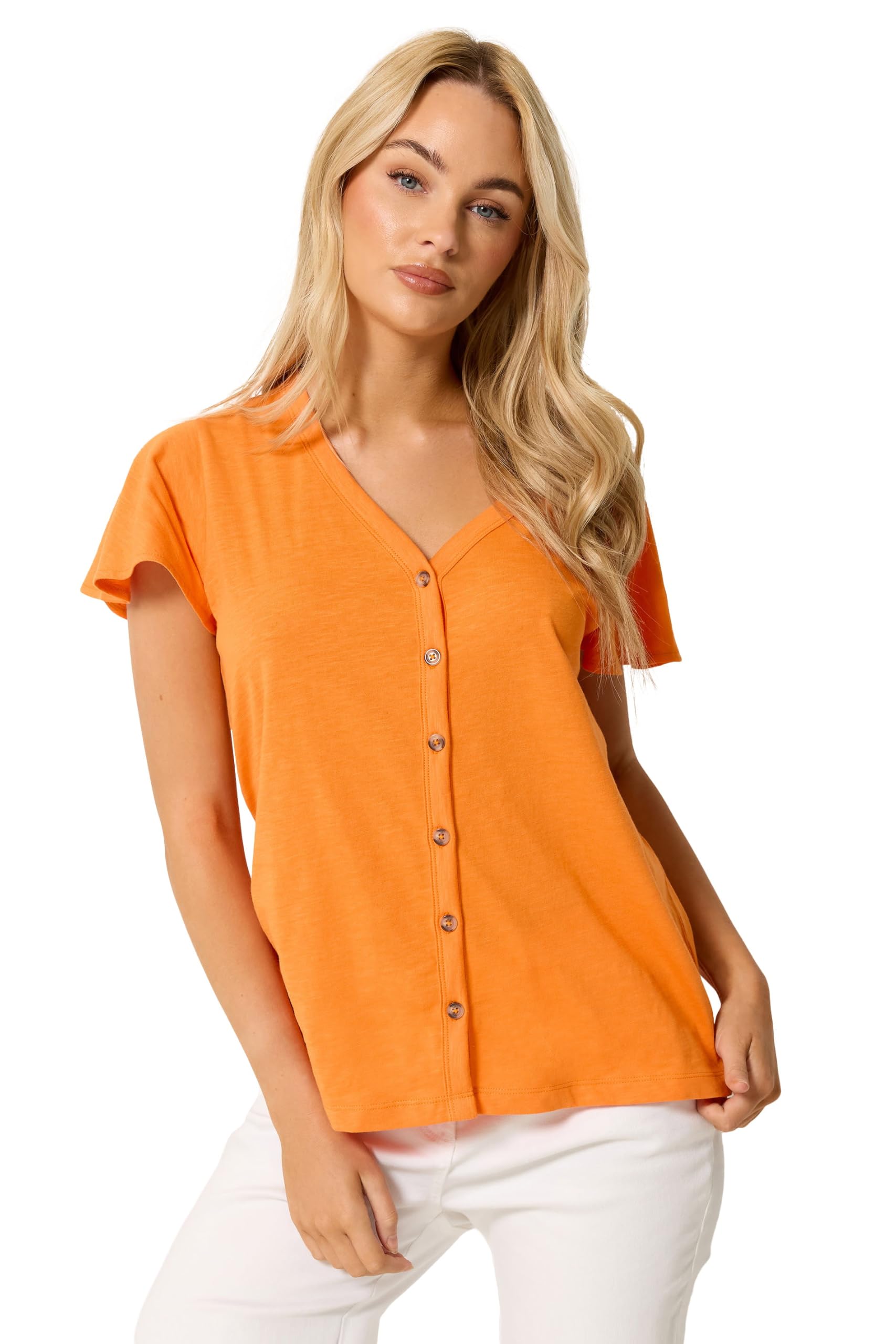 M&Co Women's Orange Cotton Frill Sleeve Blouse In | Size: 20