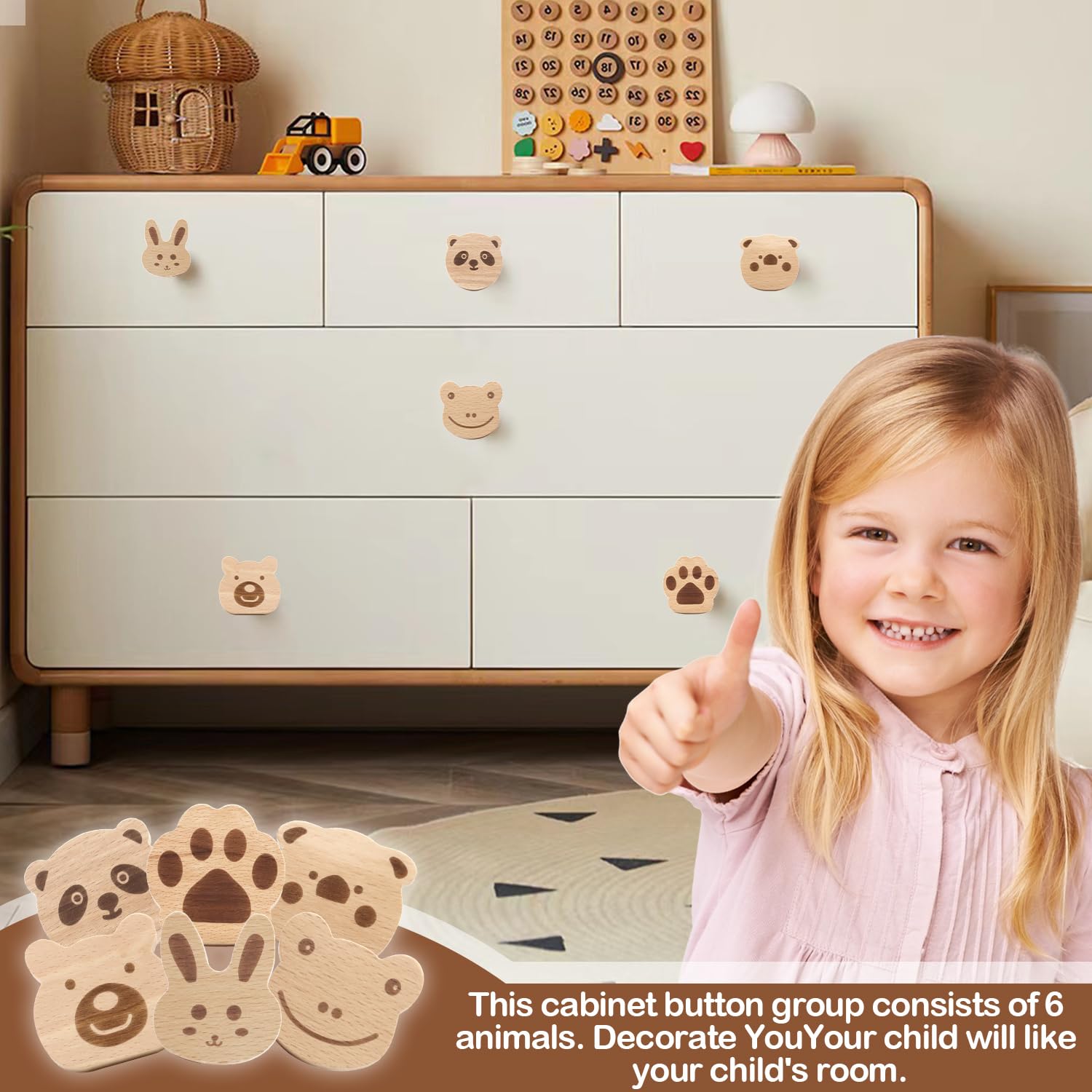 Pomelli per Mobili Bambini Animali, 6 Pezzi in Legno per Armadi Cassetti Comodino