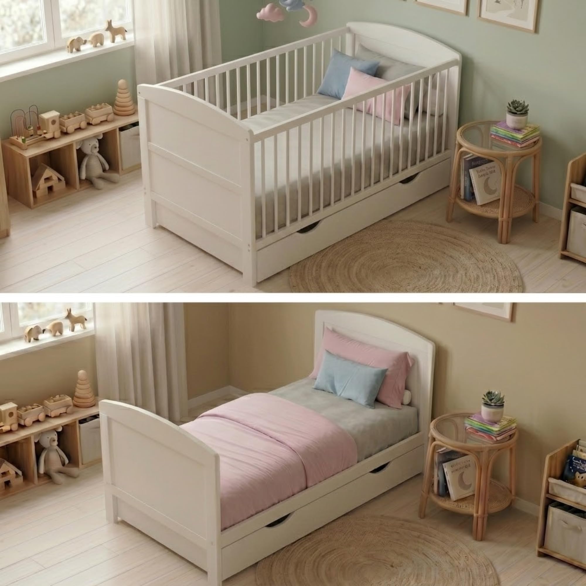 Lit bébé 70 x 140 cm convertible avec tiroir et matelas, lit à barreaux, lit d'enfant, hauteur réglable et échelons amovibles | Autres dimensions : 60 x 120 cm | 70 x 140 cm : de la naissance à 6 ans