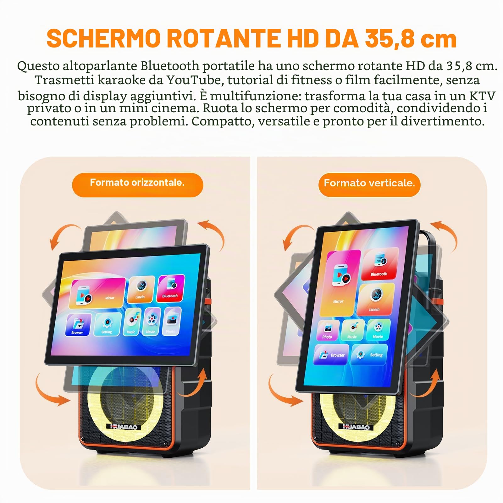 Altoparlante Bluetooth portatile per karaoke con schermo HD da 14,1 pollici, mirroring dello schermo wireless per iOS e Android, 2 microfoni wireless, AUX/USB/scheda TF, visualizzazione dei testi