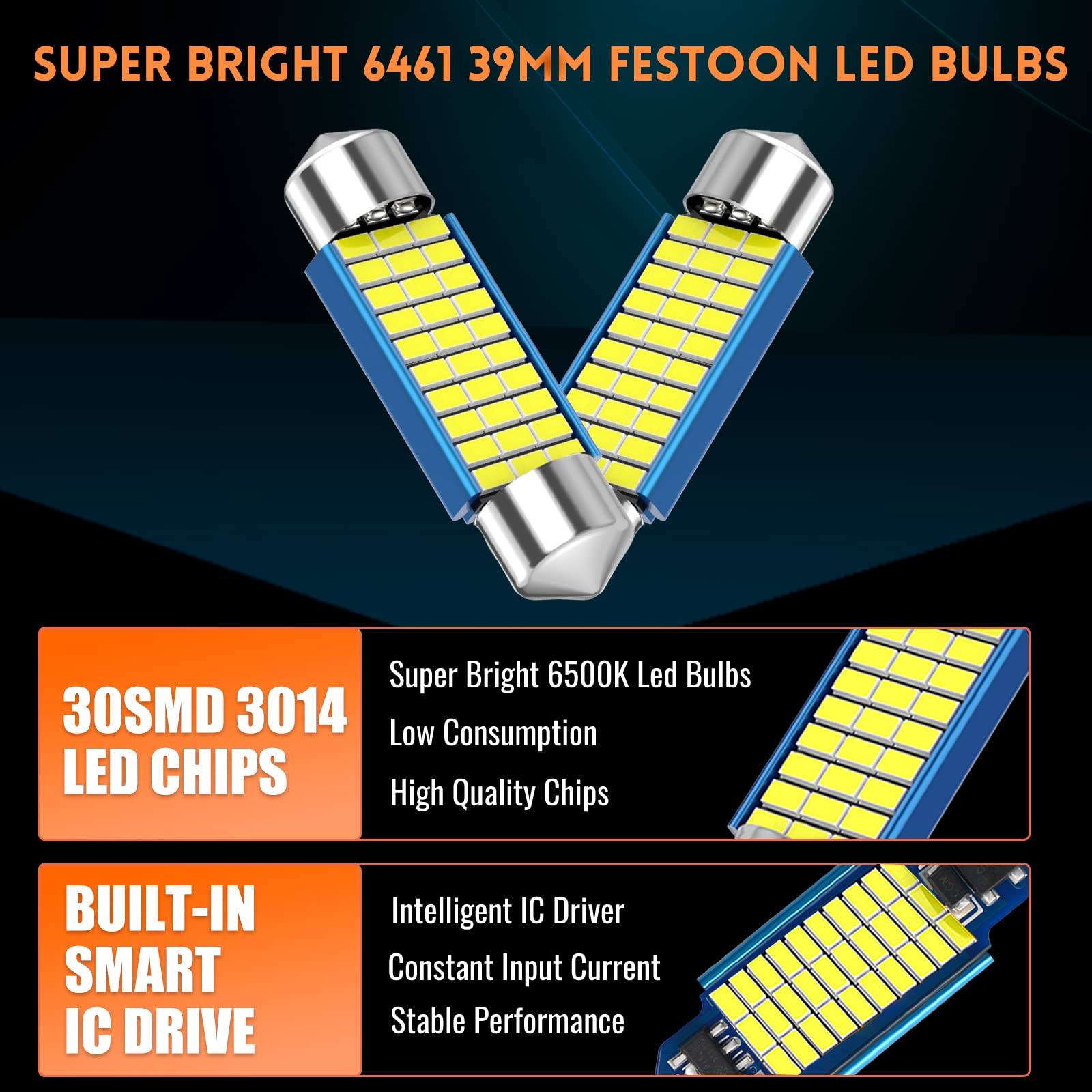 NATGIC Lampadine LED C5W 39mm CanBus – Pacco Da 2, Xenon Bianco 6000K, 30 Chip 3014 Per Luci Interne Auto (Cupola, Mappa, Baule)