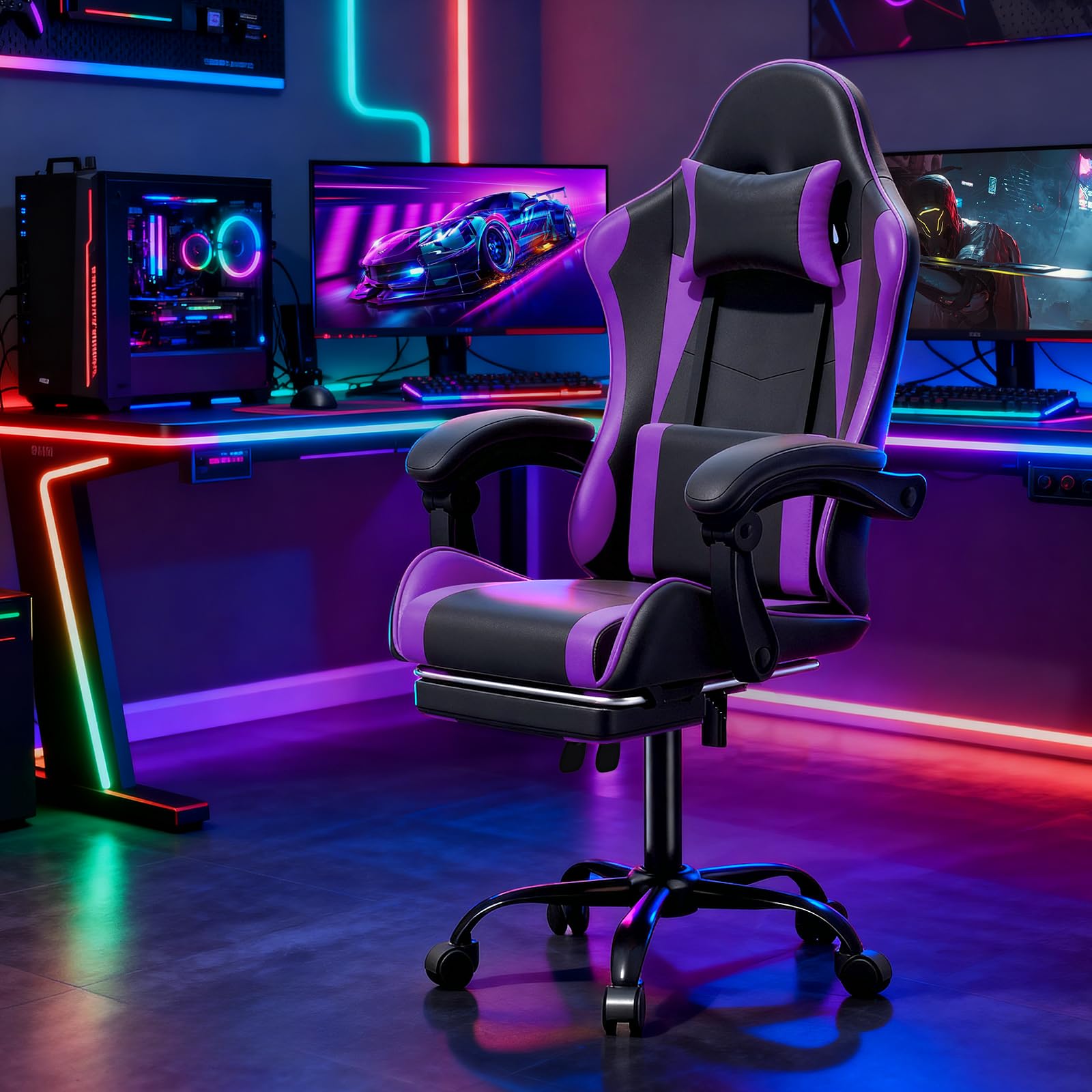 Magshion Gaming Chair for Adults, Ergonomic Computer Chair with Linkage Armrests, Height Adjustable Gamer Chair with Footrest and Headrest for Home