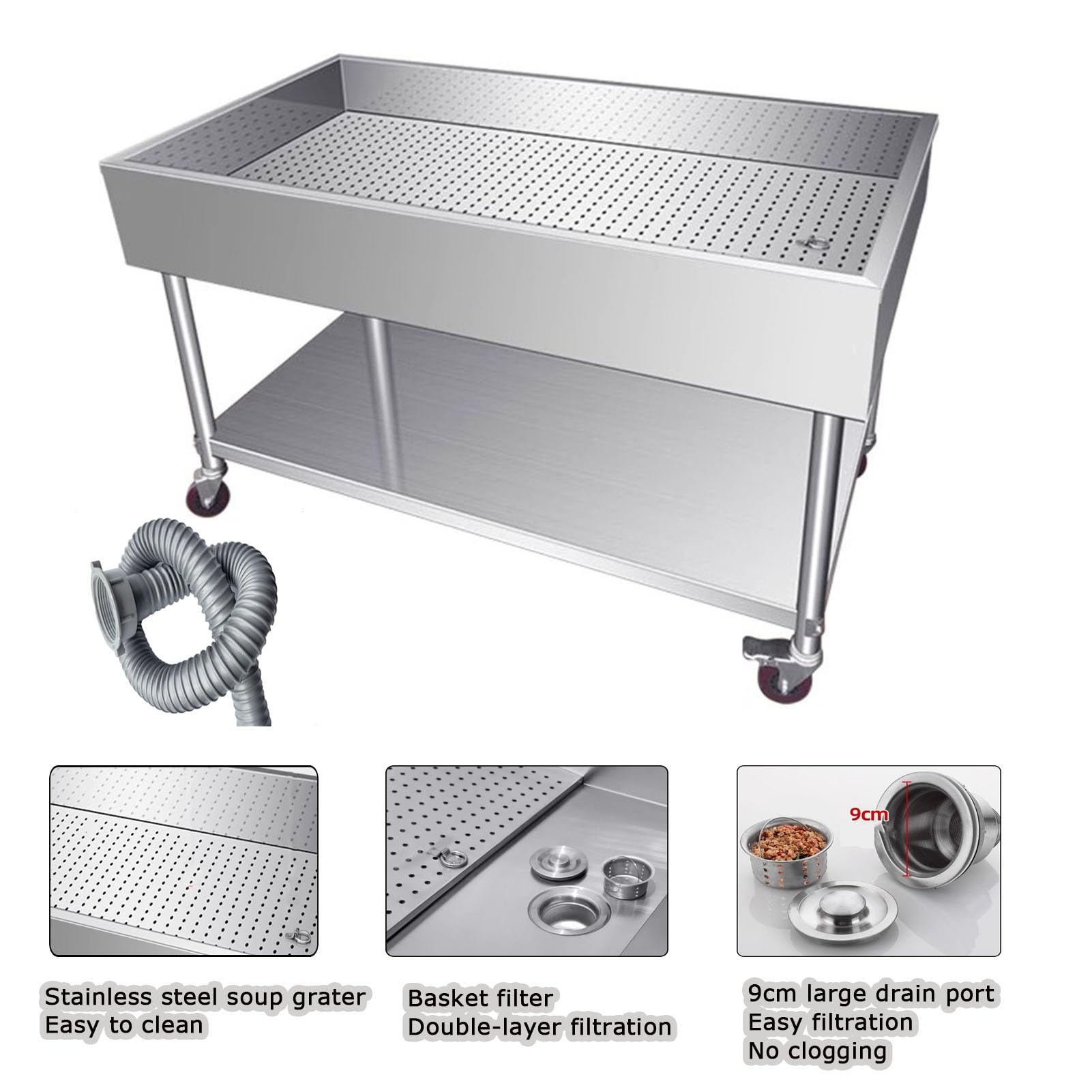 Tavolo da cucina in acciaio inox con ripiani e ruote, stazione di lavoro per la preparazione e la selezione degli alimenti per ristoranti e hotel
