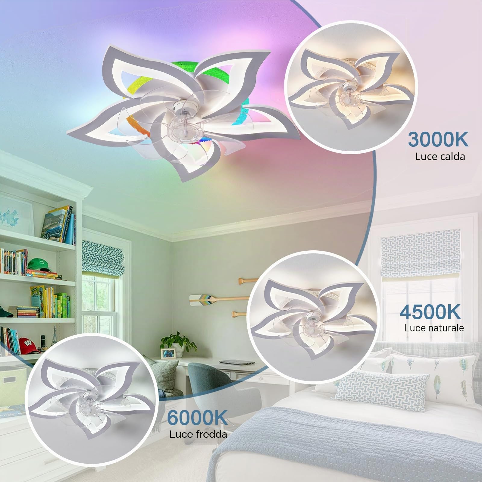 RGB Lampadario Ventilatore Dimmerabile 6 Velocità DC Smart Ventilatore Da Soffitto Con Luce E Telecomando Silenzioso Reversibile Plafoniera Con Ventilatore Bianco 7 Pale Per Soggiorno
