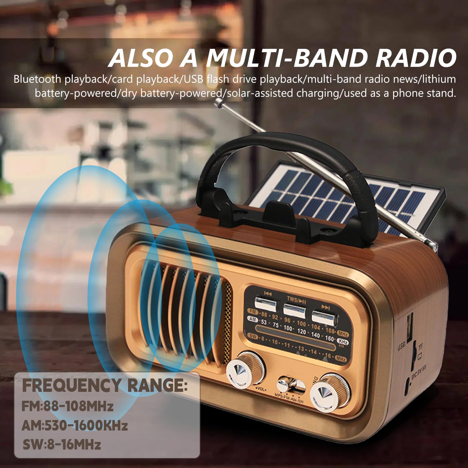 Radio portátil retro con Bluetooth, AM/FM/SW radio de maleta solar funcionamiento con batería/funcionamiento con pilas D, altavoz radio de cocina con panel solar soporte para móvil compatible con
