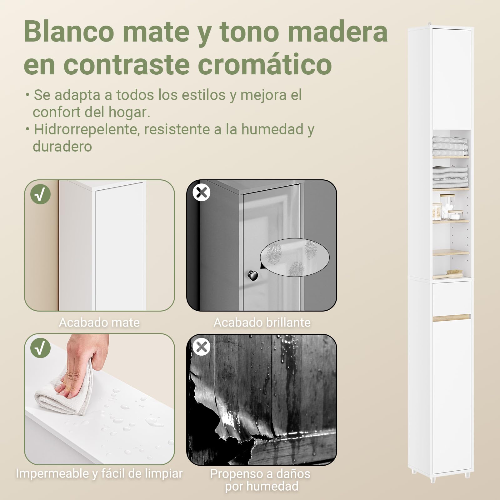 SoBuy Mueble Baño Estrecho y Alto Armario Baño Tipo Columna Auxiliar Mueble Auxiliar de Almacenaje con Estantes Regulables y Cajón Armario Estrecho para Espacios Reducidos, 20x20x180cm BZR34-WN