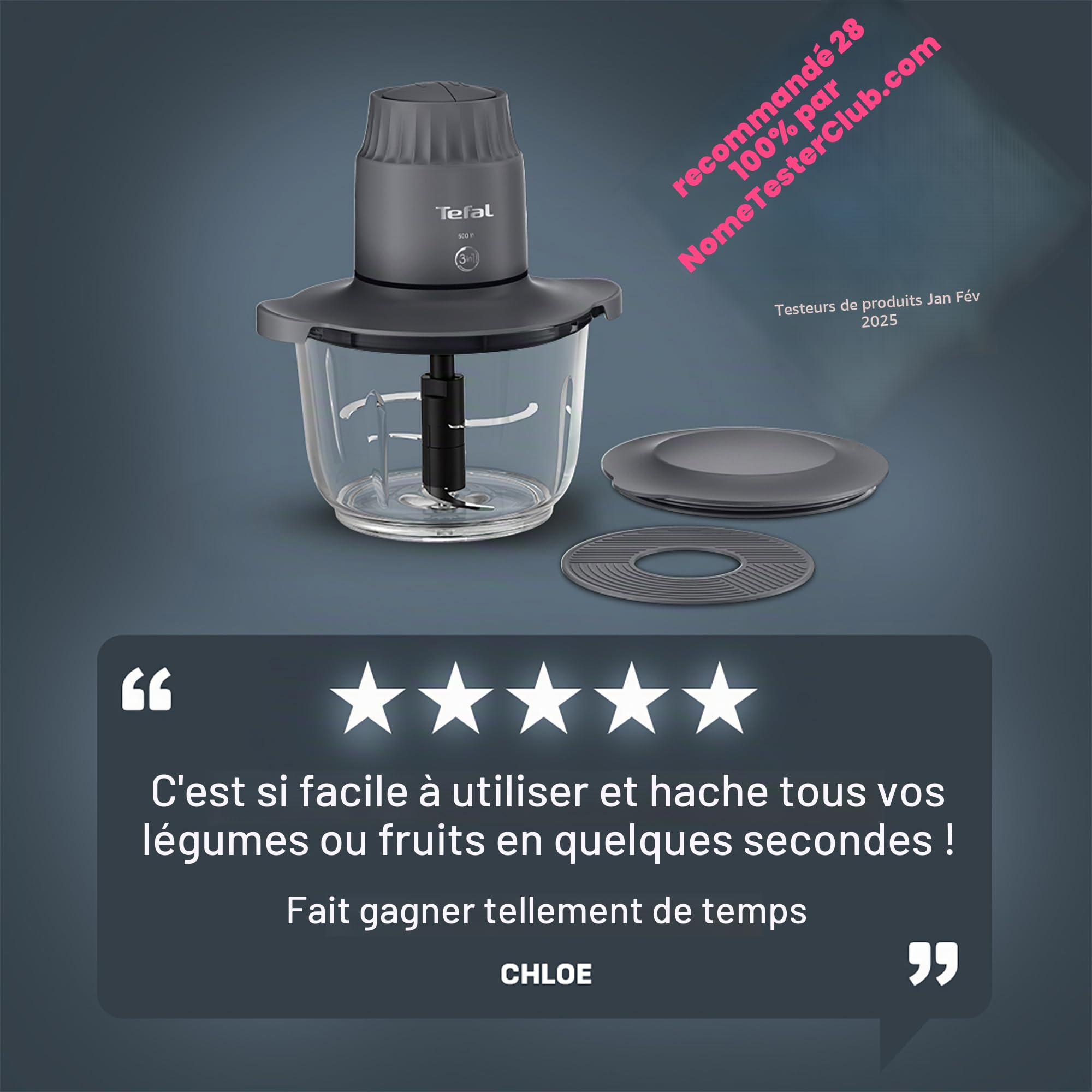 Tefal Choppeo MB603BG1 Hachoir XXL Capacité 2 L Bol en Verre Mini Robot Cuisine Tapis Antidérapant Couvercle de Rangement pour Restes 2 Vitesses 500W Houmous Légumes Gris