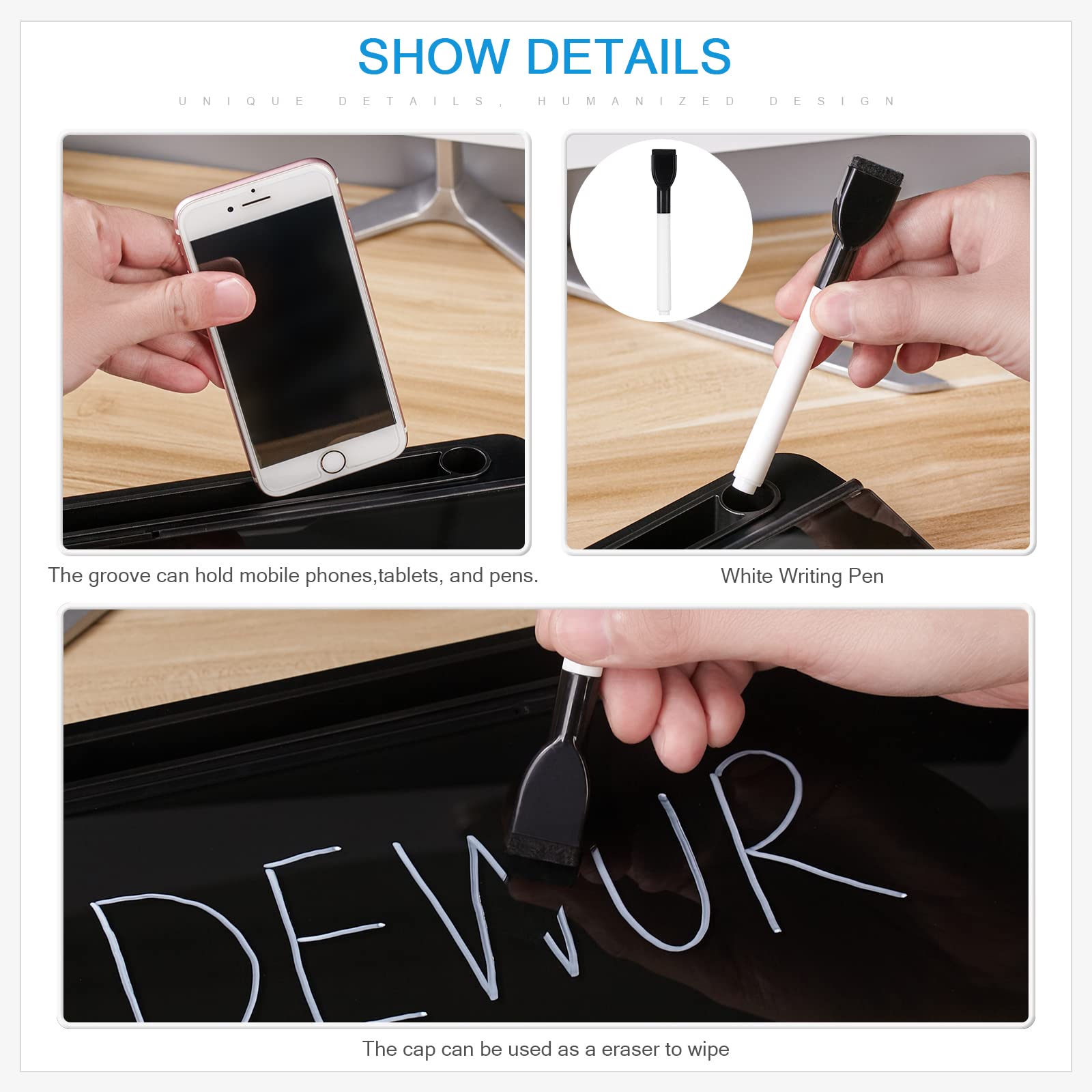 DEWUR Lavagna in Vetro Nero, Lavagna Bianca da Scrivania Con Supporto per Telefono, Tablet e Tastiera - Organizer da Scrivania Con Accessori per Ufficio e Casa