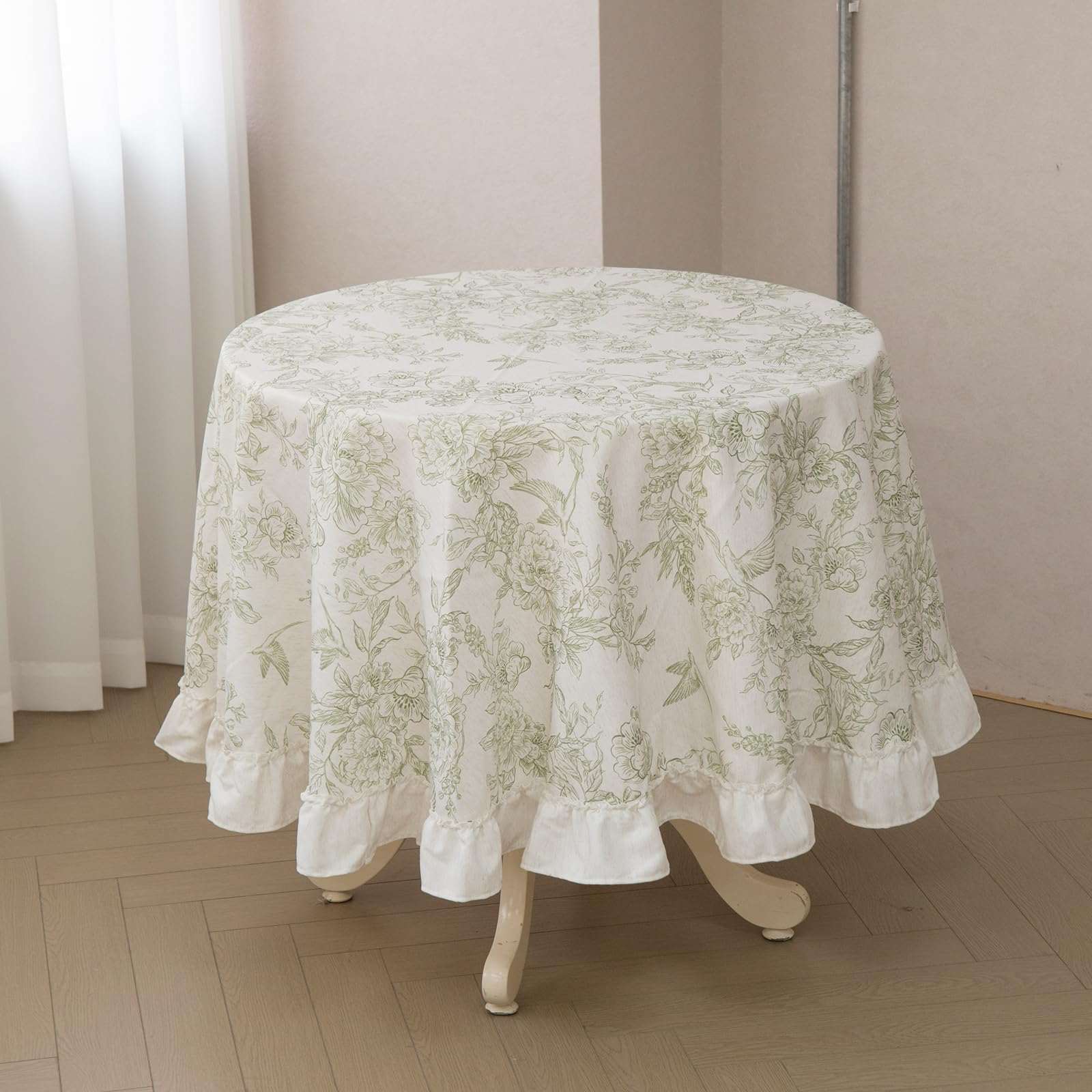 GLORY SEASON Wrinkle-Resistant Floral Pastoral Vintage Ruffle Tablecloth for Rectangular Oval and Round Tables Rustic Linen Style Table Cloth for Dining Kitchen Farmhouse Decor Gifts 70 Inch Green