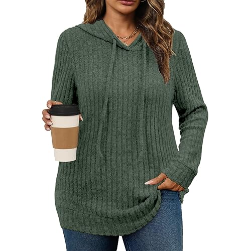 Womens Plus Size Lightweight Ribbed Knit Hoodie Sweaters Casual Long Sleeve Pullover Tops for Fall Winter L-4XL