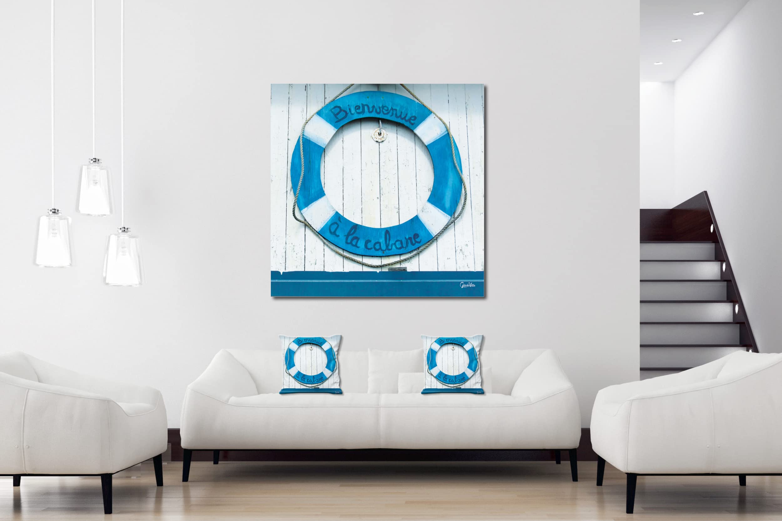 Bienvenue - Foto-Kissen-Hülle Set (2 STK.) 40 x 40 cm | Kissen-Bezüge - passend zu Wandbild - Deko-Kissen - Rettungsring willkommen maritim
