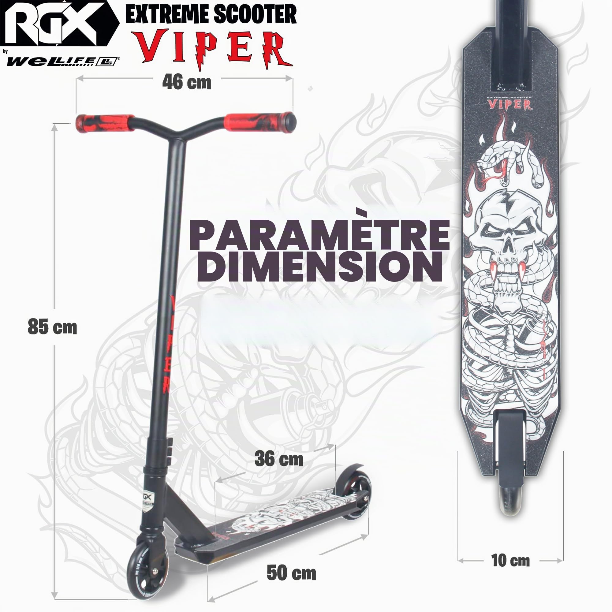 WeLLIFE Viper Trottinette de freestyle, avec système de connexion HIC, roues en polyuréthane de 110 mm avec jante en aluminium, roulements à billes ABEC 9RS, guidon à rotation à 360°, plateforme renforcée pour enfants/adultes