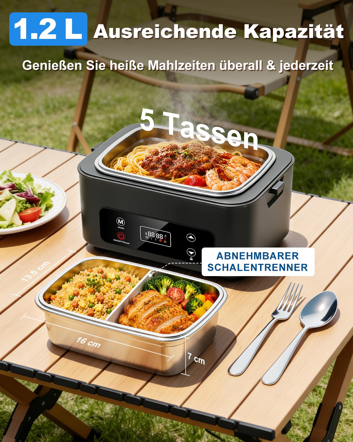 Elektrische Lunchbox, 100W Brotzeitbox Brotdose Groß 1.2L, 24000mAh Heatbox | Kabellos Tragbare Beheizbare Lunchbox Elektrisch Erwachsene mit Edelstahl Gabel Löffel für Büro Arbeit Auto Lkw Camping