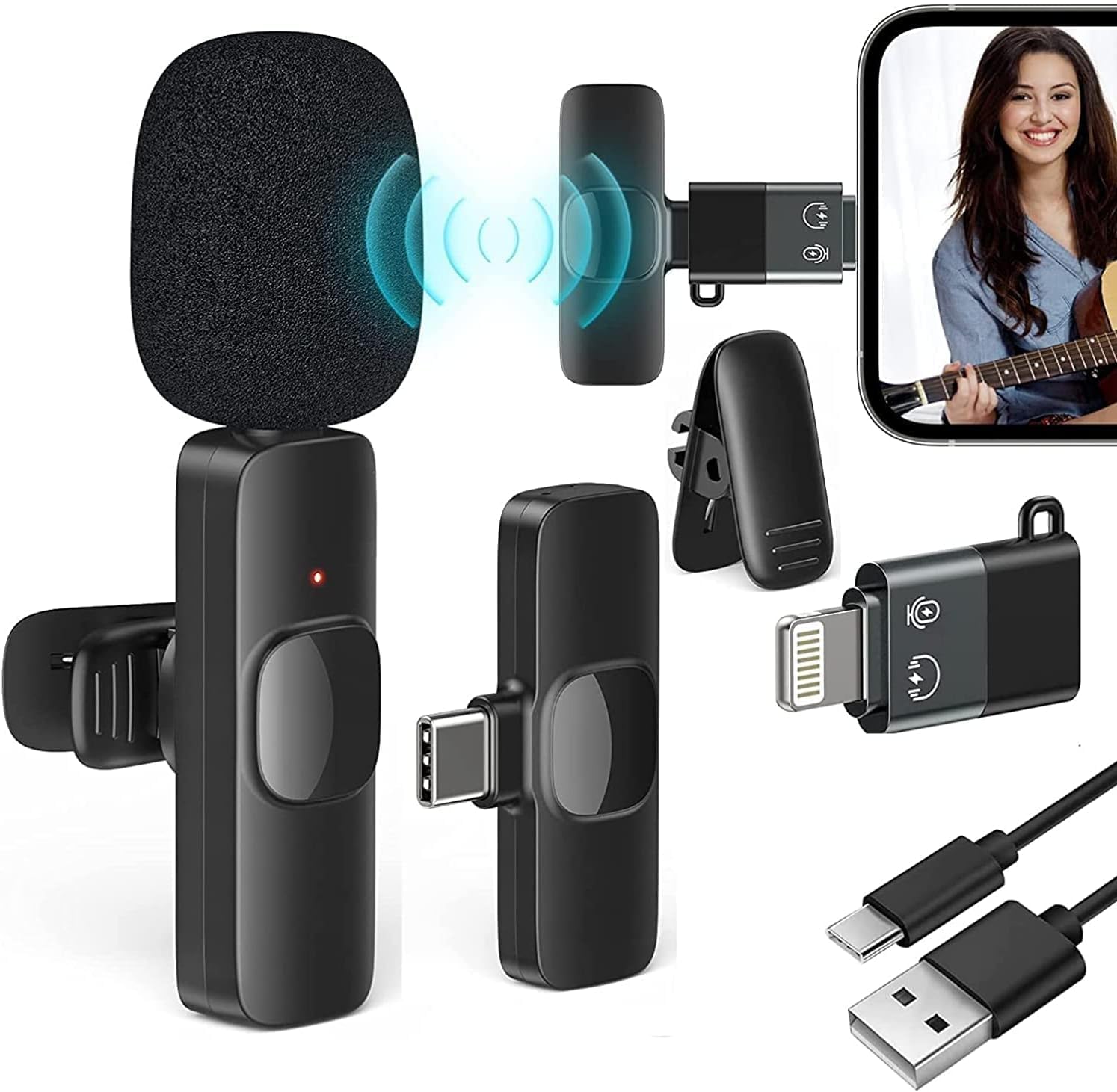 2.4GHz 2 in 1 K8 Wireless Microphone, Digital Mini Portable Recording Clip Mic with Receiver for All Type-C Lightning Mobile Phones Camera Laptop for Blogging YouTube Online Class, Zoom Call