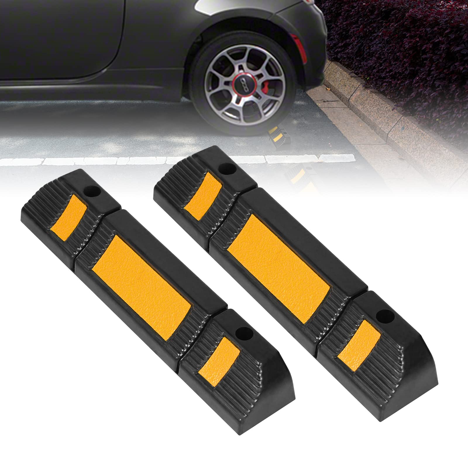 LARS360 Limitatore di parcheggio in gomma per ruota, blocco per parcheggio, con strisce riflettenti, colore nero/giallo, 2 pezzi, 60 x 12 x 10 cm