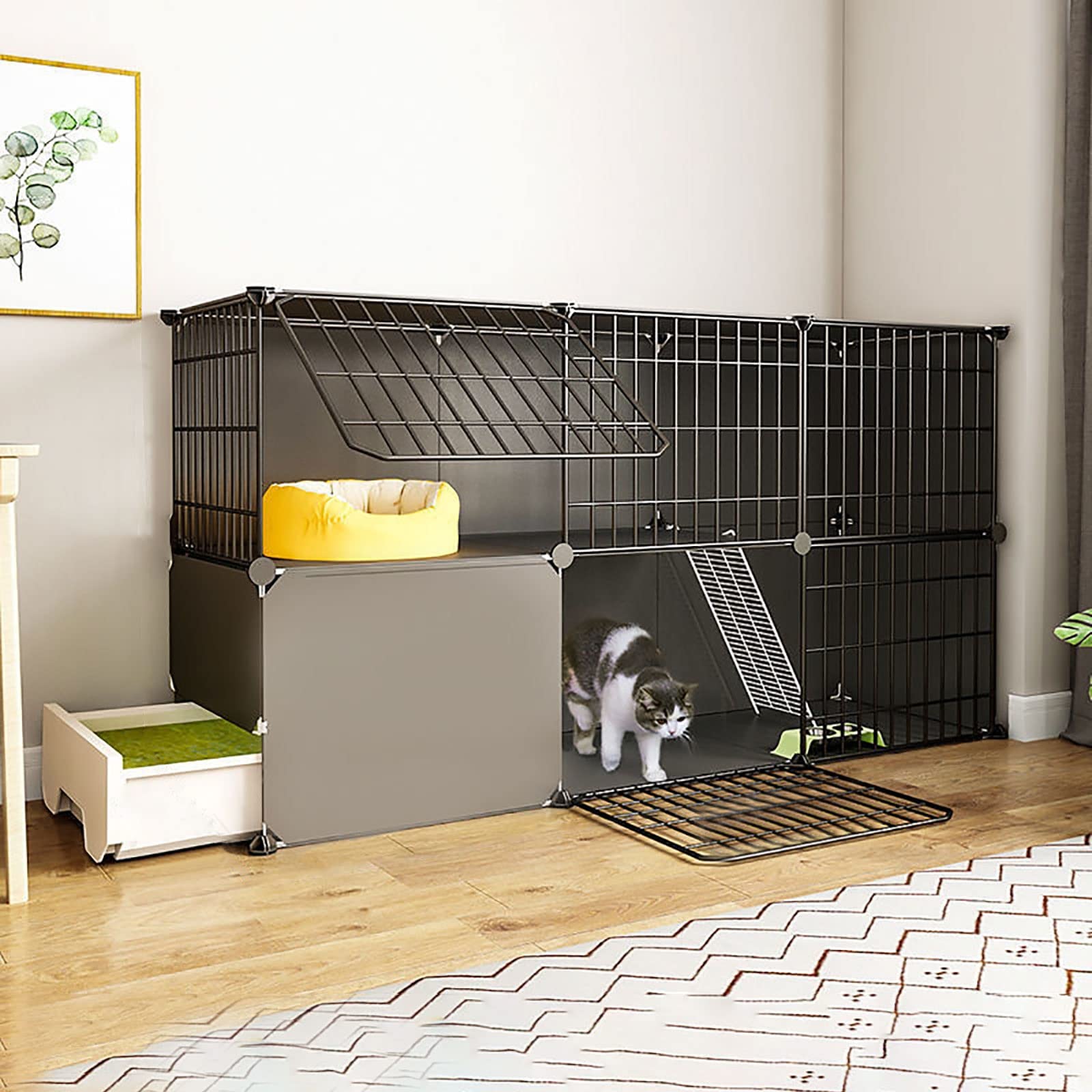 asdchZen Cat Cage Indoor Diy Cat Cages Playpen Detachable Metal Wire Kitten Cage Pet Cat Enclosures With Door For Kitten Small Animals,Black-139x37x73cm