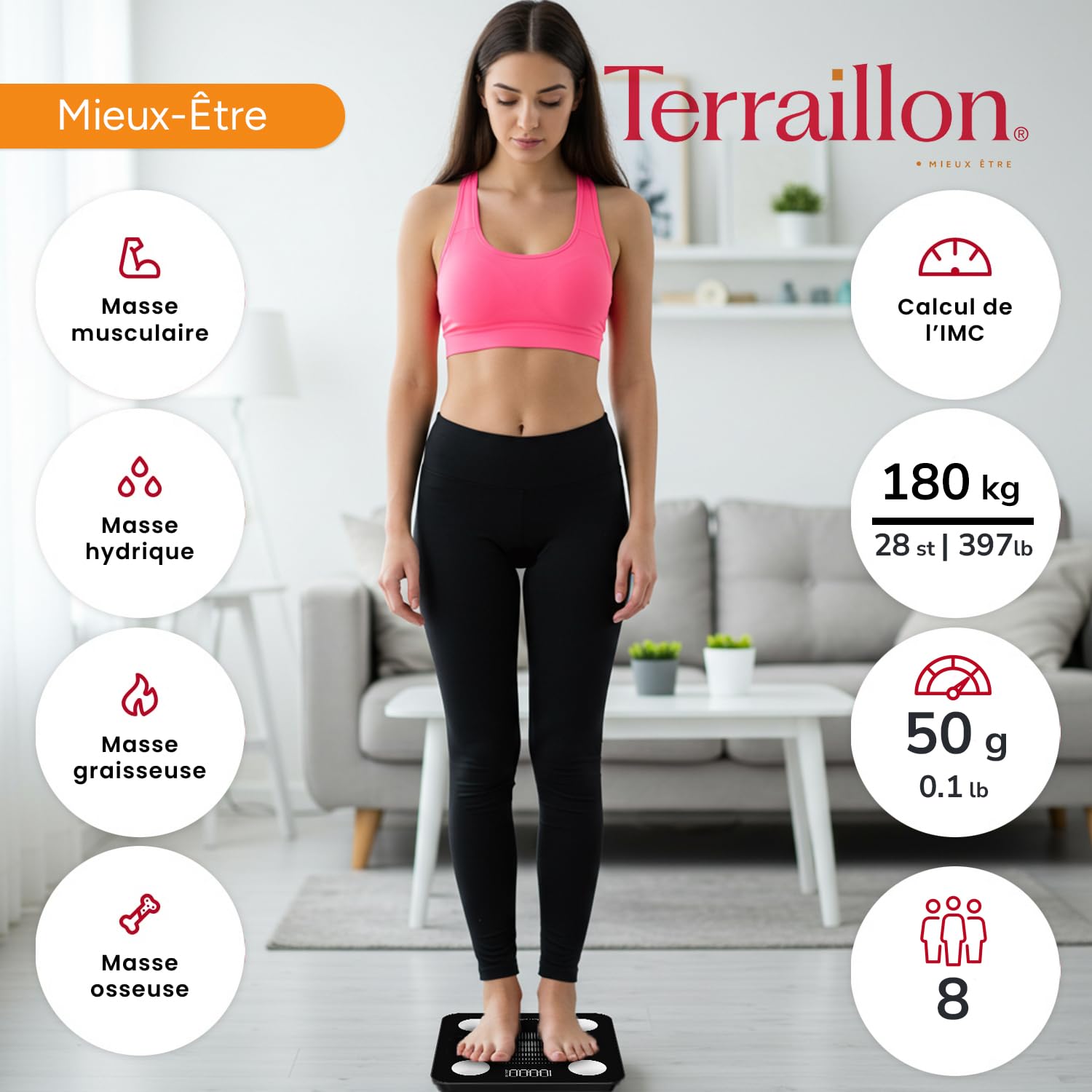 TERRAILLON - Balance Pese personne, Connectée Bluetooth avec application, Analyse Corporelle prècise (IMC, graisse, musculaire, hydrique), Haute précision à 50 gr et jusqu'à 180Kg, WEIGHT CONNECT