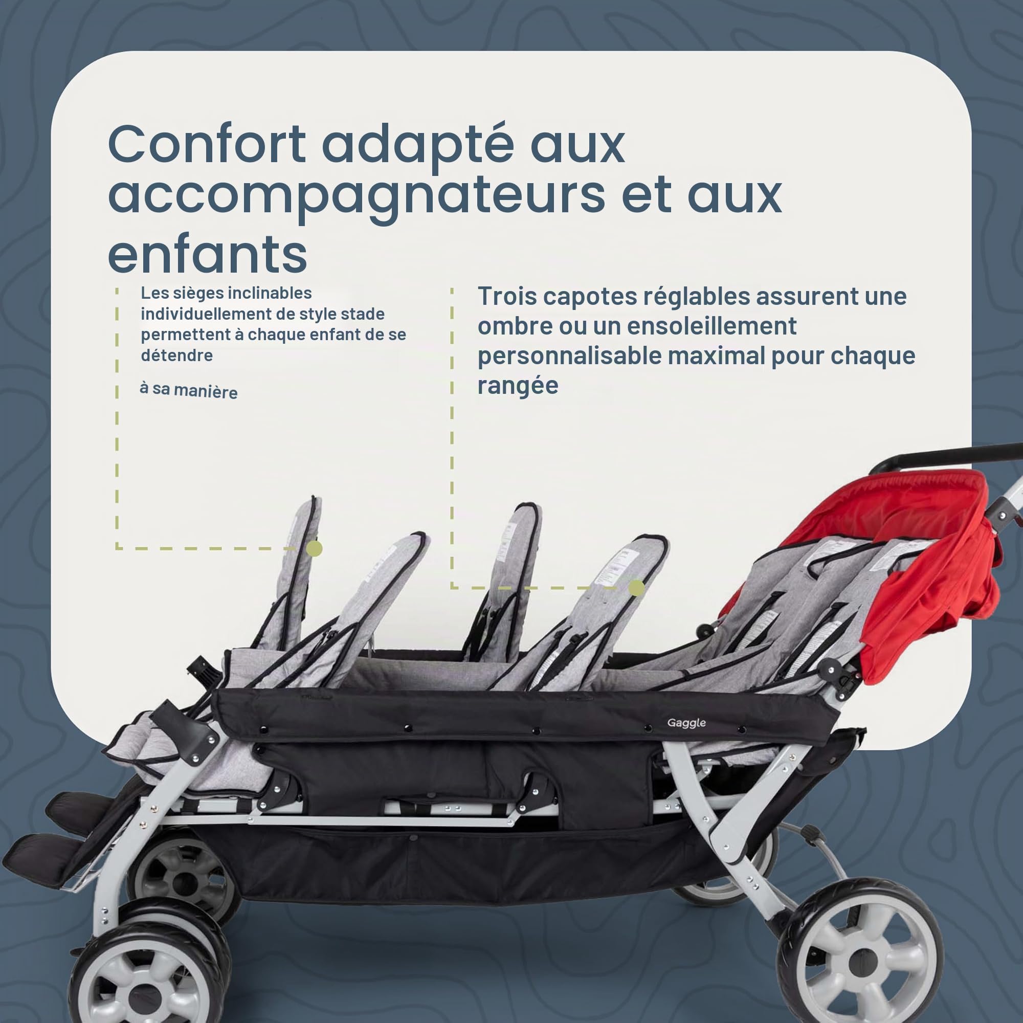 Gaggle Poussette multi-enfants Jamboree 6 places de Foundations avec auvents anti-UV, sièges inclinables, harnais de sécurité à 5 points, pliage compact pour garderies, parcs et voyages, noir