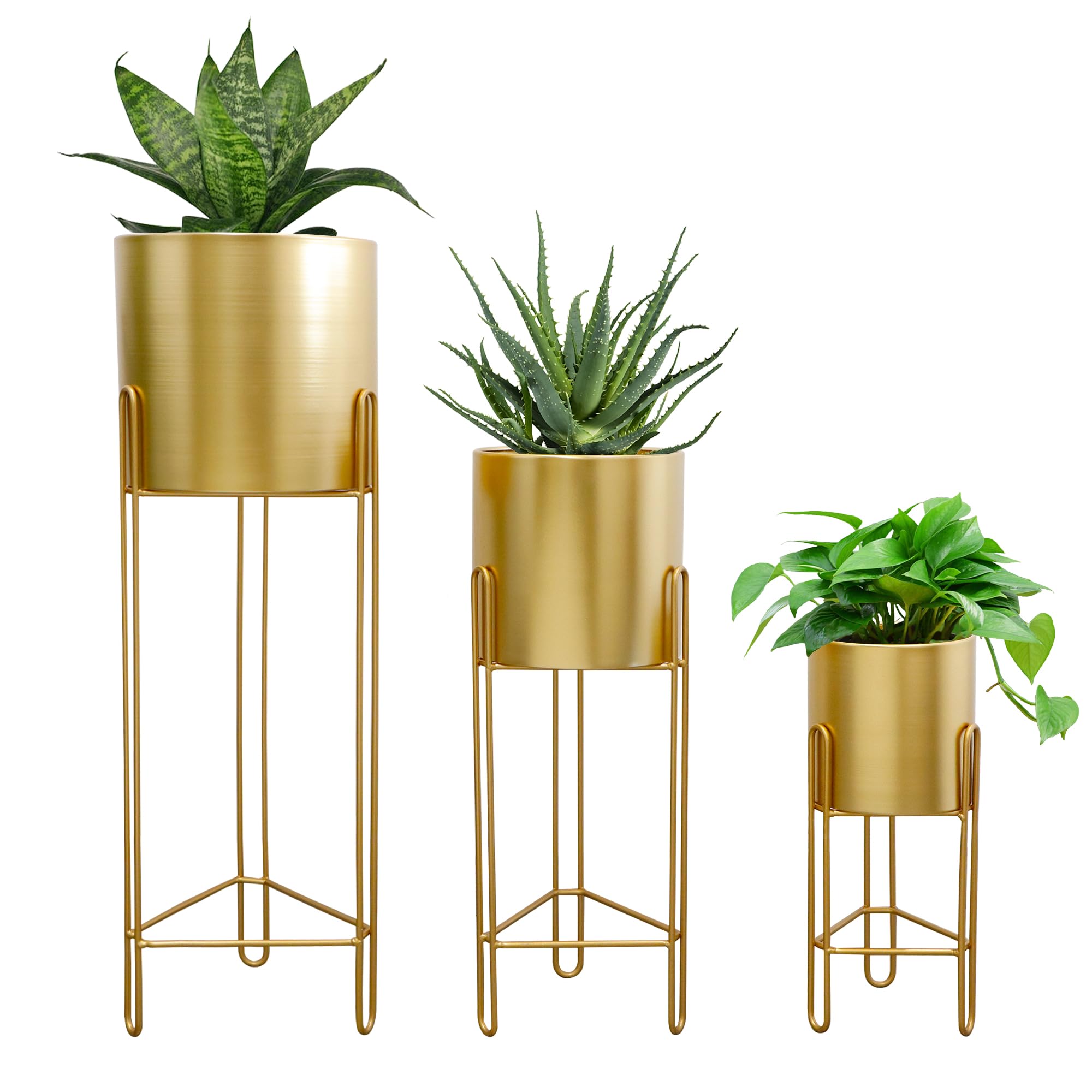 trirocks set of 3 large planters with stand gold planter for indoor plants 29 &22 &12" tall morden metal plant pots for living room corner kitchen office garden balcony patio decor