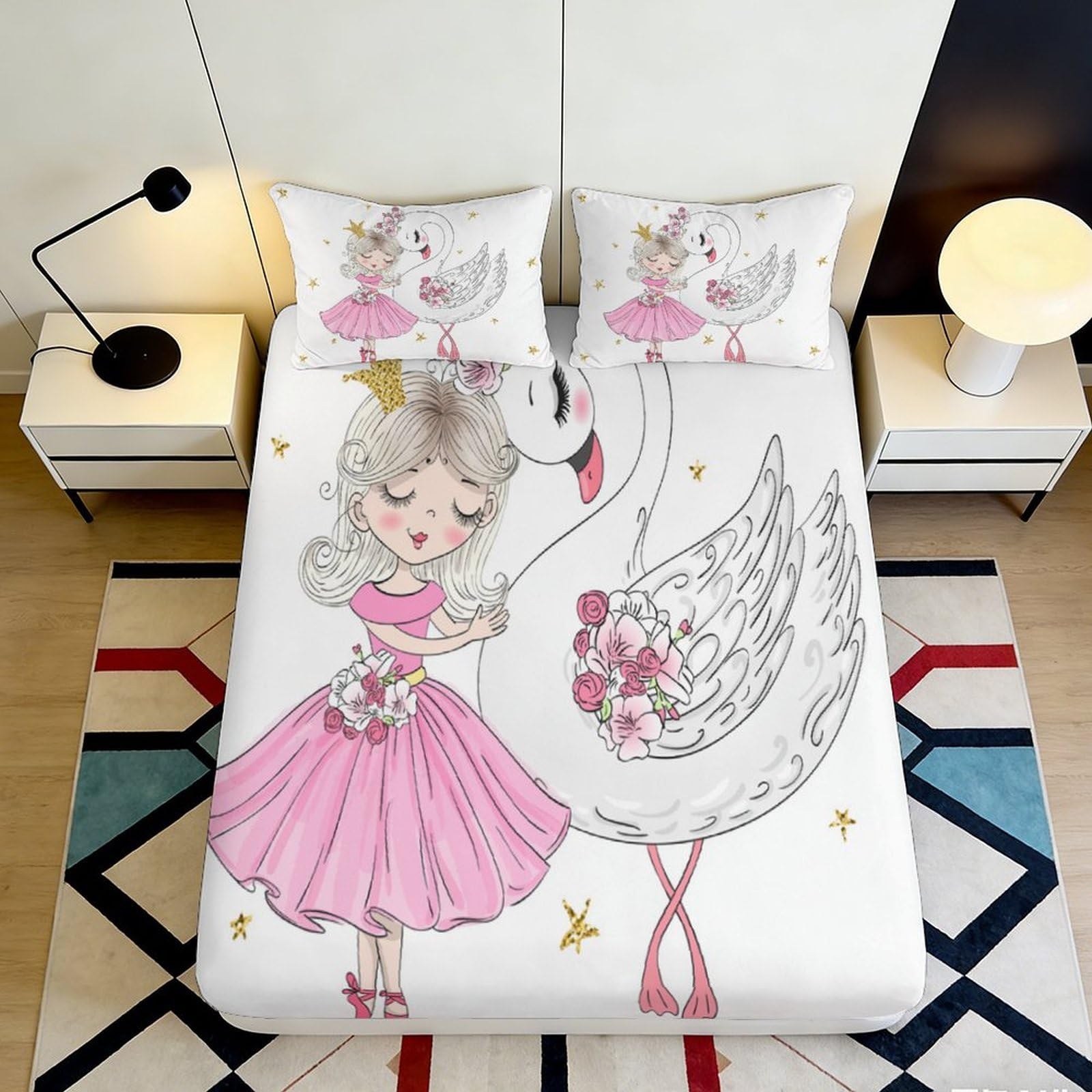 3D Printed Princess Swan Fitted Sheet Microfiber Soft Pink Cartoon Bed Cover for Bedroom Guest Room Decor 90x200x25cm
