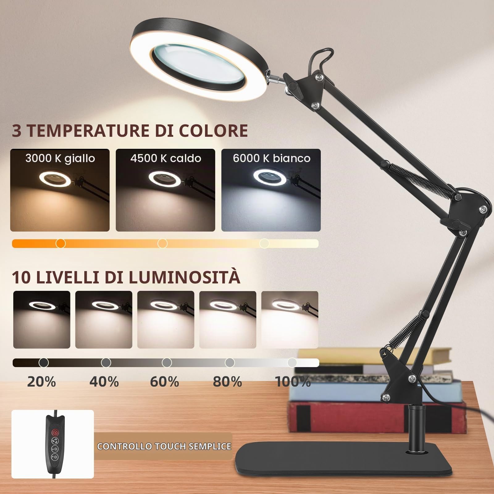 Lampada con Lente d'Ingrandimento, 10X Lente d'ingrandimento da Tavolo con Luce e Supporto, 72 LED Dimmerabili, 3 Colore e 10 Livelli di Luminosità, per Lettura, Riparazione, Artigianato (nero)