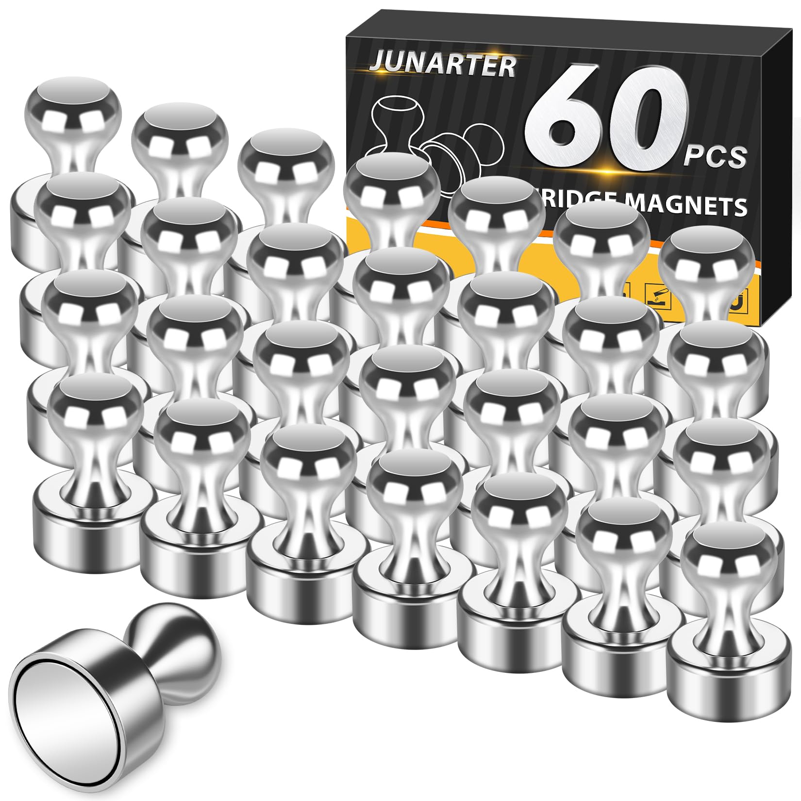 Junarter 60 Pack Magnetic Push Pins, Silver Strong Fridge Magnets, Whiteboard Magnets, Refrigerator Magnets Strong, Dry Erase Board Magnets for Fridge