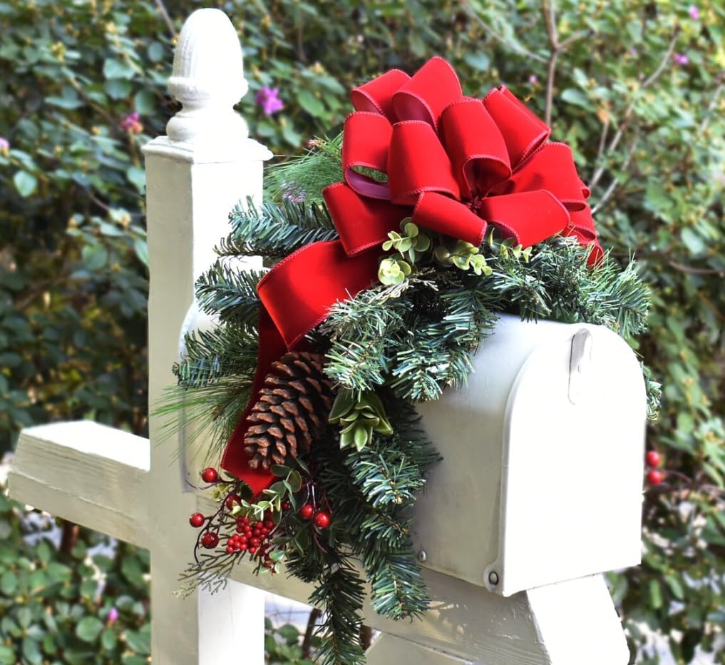 Christmas Mailbox Swag – 29” Faux Pine Holiday Decoration with Red Velvet Bow, Berries & Pinecones | Festive Outdoor Mailbox Topper, Winter Front Yard Décor, Holiday Craft Supply